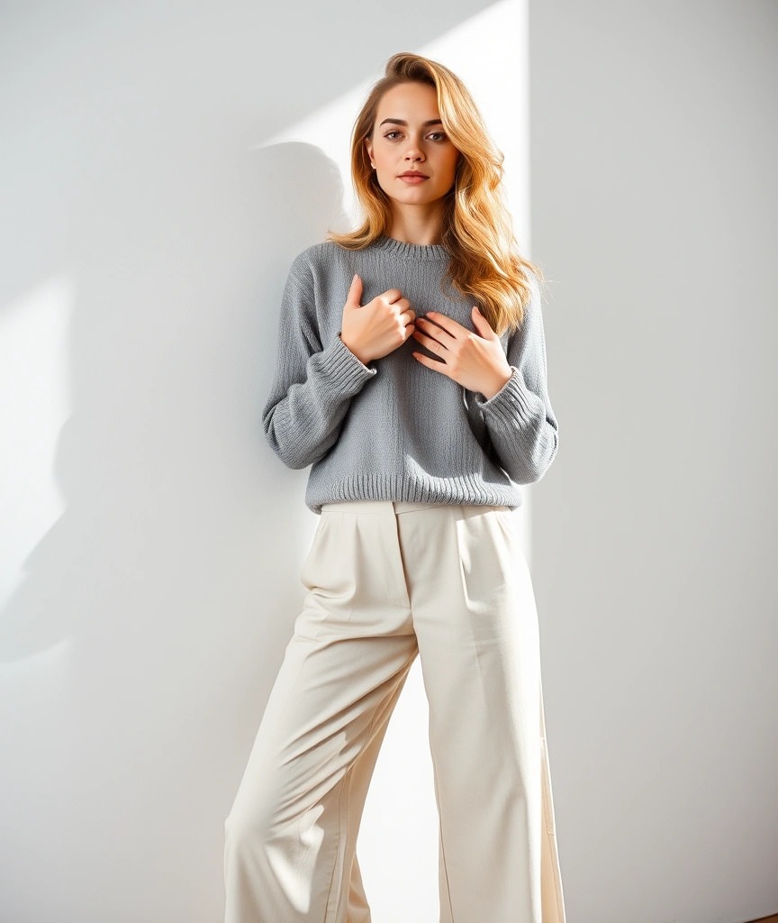Un outfit rilassato ma sofisticato che combina un maglione grigio dal taglio morbido con pantaloni palazzo chiari. L'equilibrio tra comfort e stile rende questo look ideale per affrontare con eleganza le giornate più fresche.

