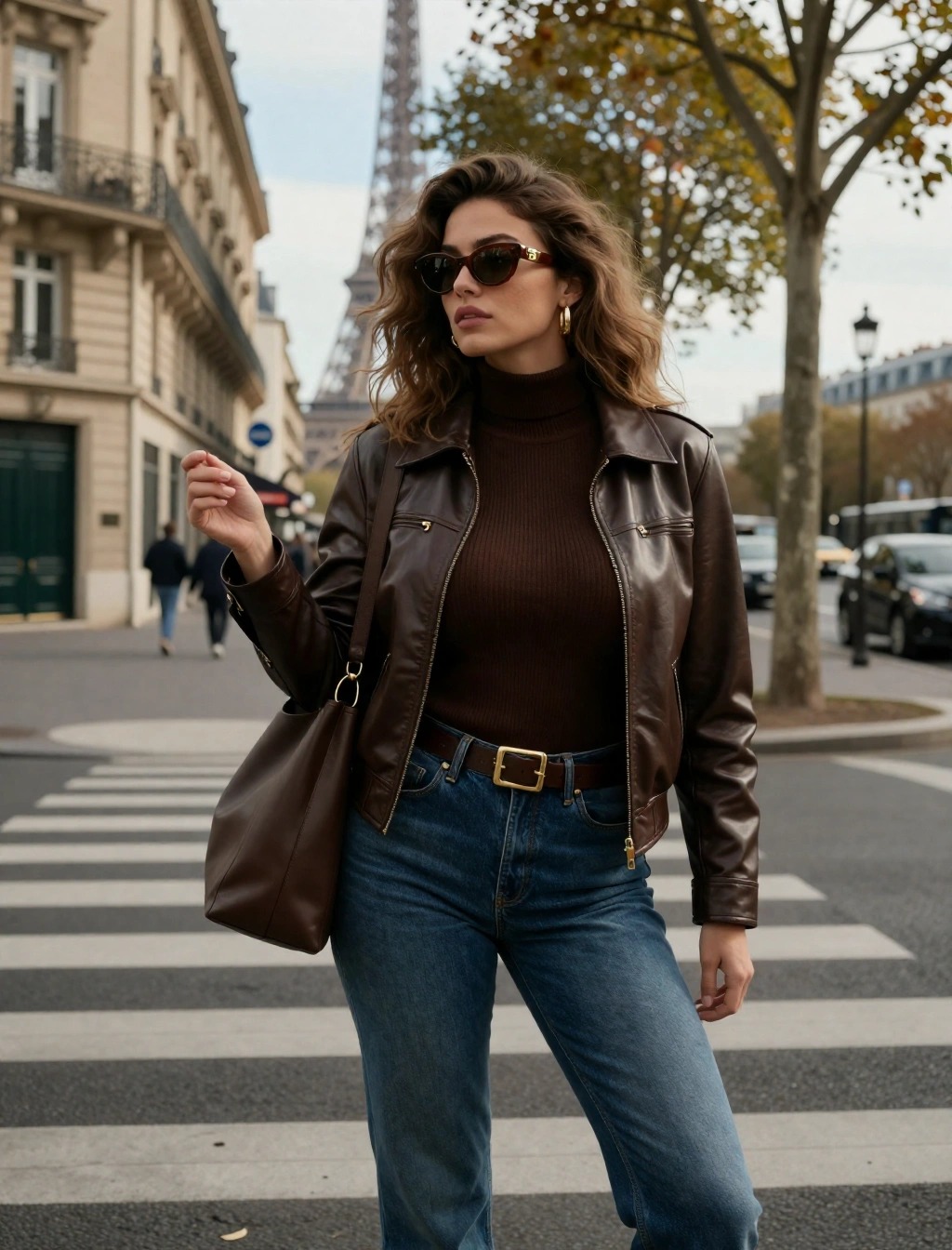 Una donna indossa una giacca di pelle marrone scuro, un dolcevita color cioccolato e jeans blu denim a Parigi con la Torre Eiffel sullo sfondo. Esempio di come abbinare il marrone e il denim per un look autunnale chic.