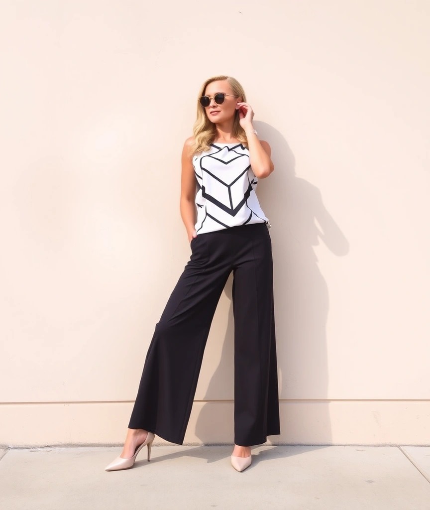 Donna con pantaloni palazzo neri e top minimalista con stampa geometrica, indossa occhiali da sole oversize, perfetto come outfit per aperitivo casual chic.

