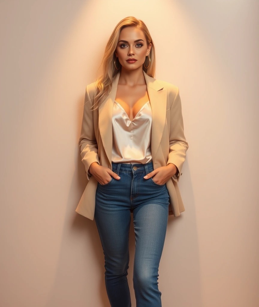 Donna con blazer oversize beige, canotta in seta e jeans a vita alta, perfetto come outfit per aperitivo. Indossa orecchini a cerchio dorati e posa con le mani in tasca.

