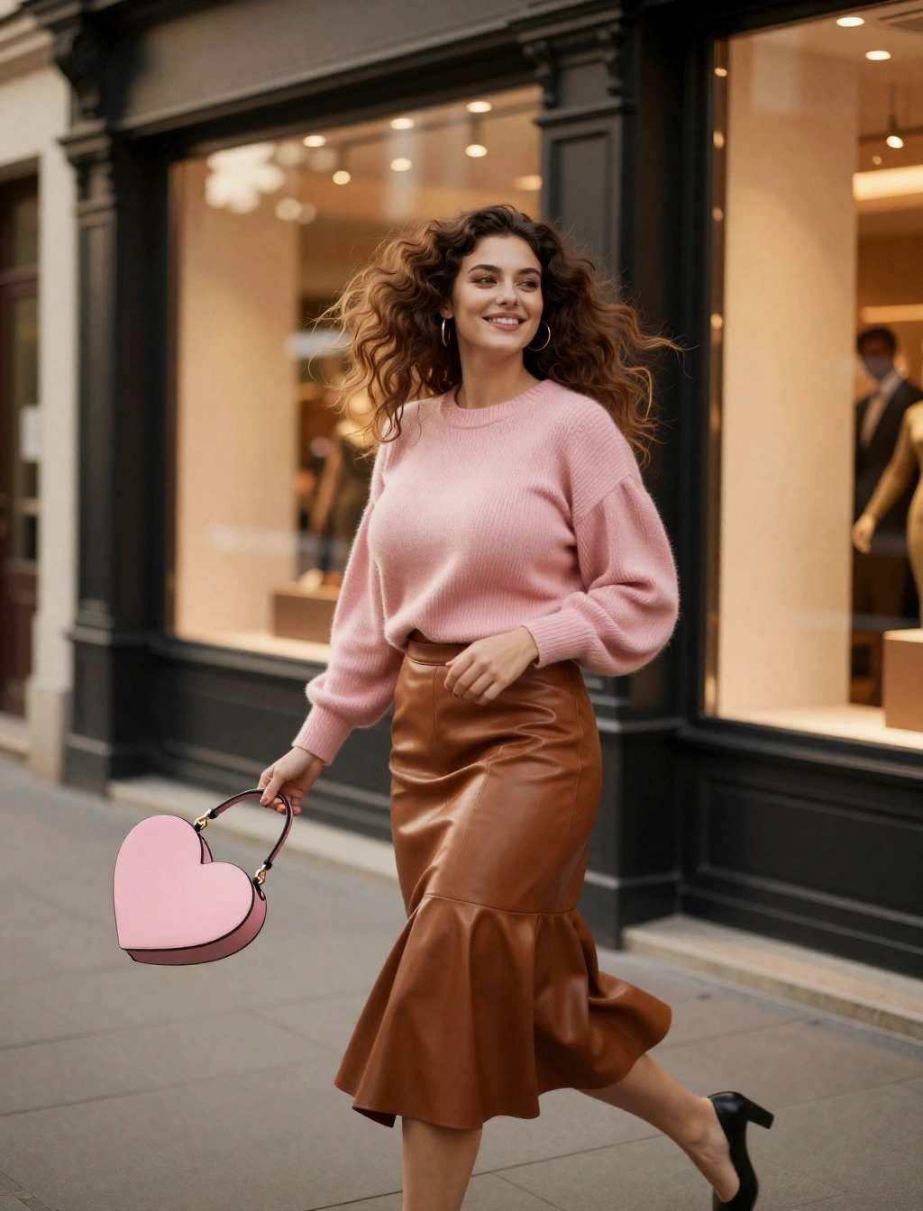 Una donna cammina per una strada di città indossando un maglione a collo alto rosa, una gonna midi in ecopelle marrone con orlo a balze, tacchi neri e tiene in mano una borsa a forma di cuore rosa. Sullo sfondo si vedono le vetrine dei negozi.