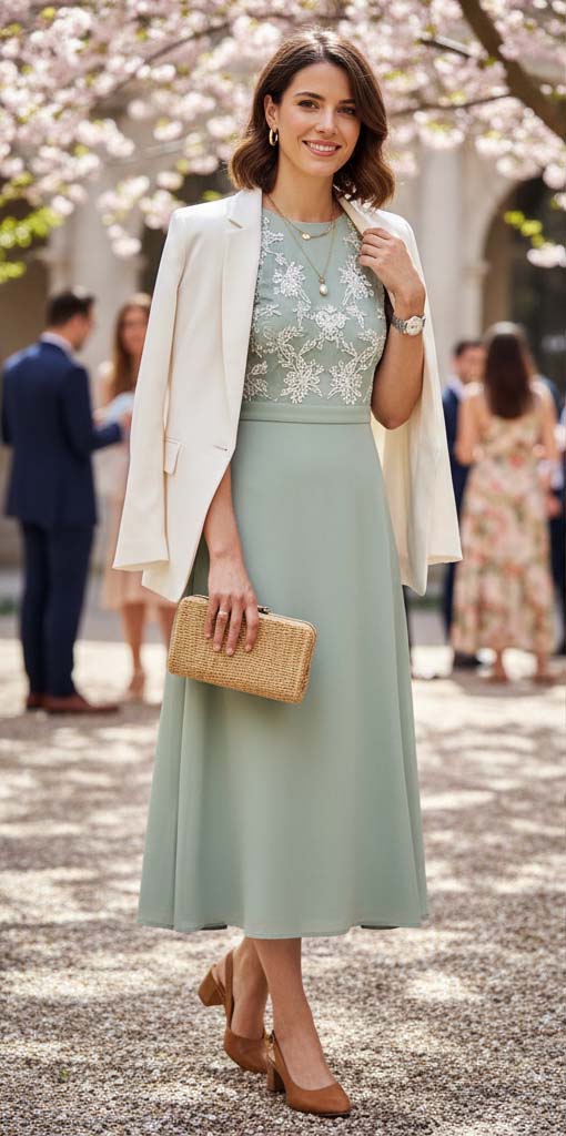 Invitata donna con un outfit per battesimo in primavera: abito midi verde salvia, blazer bianco sulle spalle e pochette di paglia.

