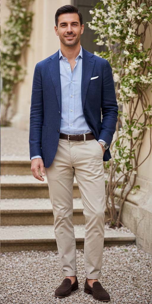 Invitato uomo con un look spezzato per battesimo in primavera: blazer blu, camicia azzurra, pantaloni chino beige e mocassini.