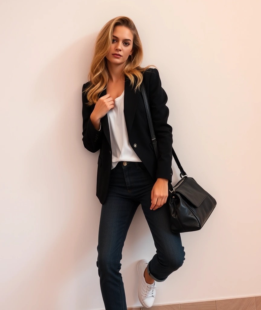 Il blazer nero monopetto abbinato a jeans dritti scuri e una t-shirt bianca crea un outfit business casual rilassato ma curato. Le sneakers bianche aggiungono un tocco moderno, mentre la borsa a tracolla in pelle nera completa il look con eleganza discreta.