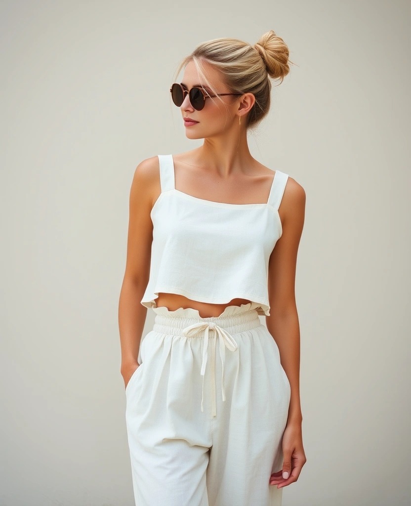 Donna con completo in lino color crema composto da top crop smanicato e pantaloni palazzo a vita alta, perfetto come outfit da giorno per giugno, stile estivo chic e minimal.







