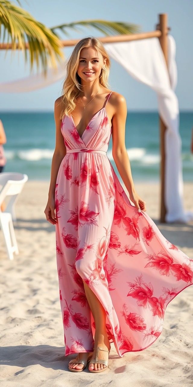 Come vestirsi per un matrimonio in spiaggia donna? Questo outfit matrimonio in spiaggia donna con abito rosa floreale è la risposta giusta per un look romantico e solare.

