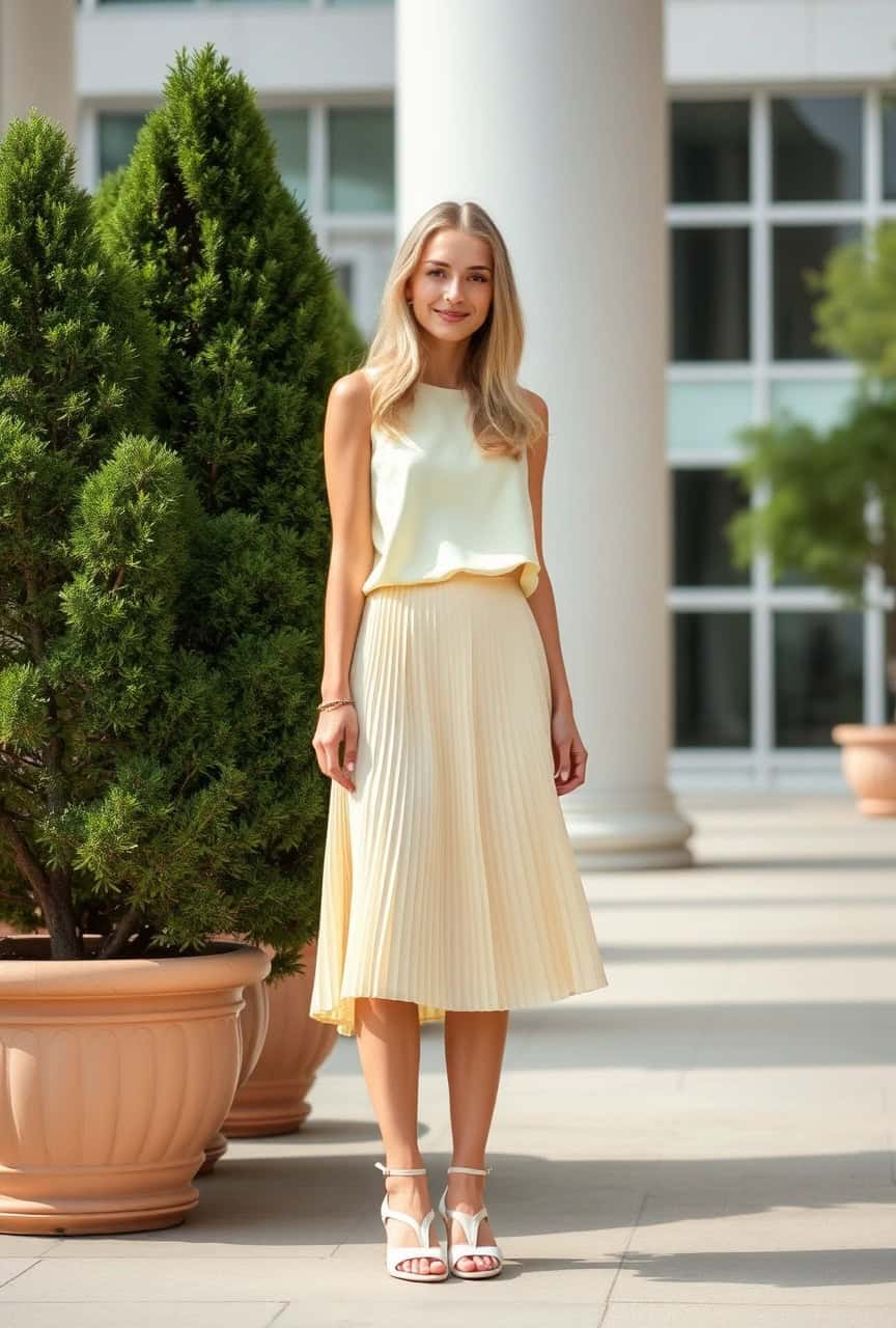 Ragazza con blusa giallo pastello e gonna plissettata crema, outfit estivo elegante per esame orale di maturità

