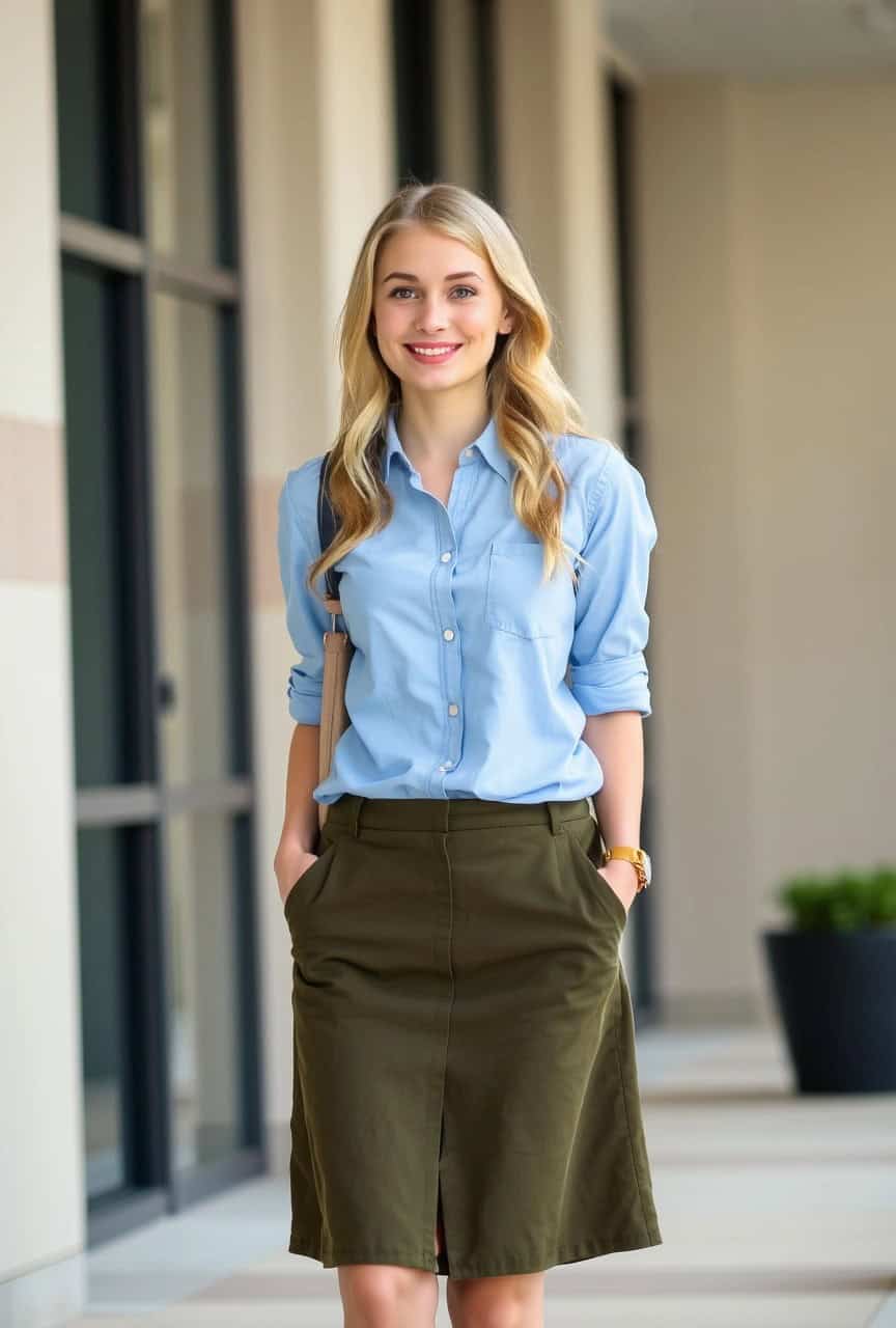 Ragazza con camicia azzurra e gonna verde oliva, outfit sobrio e comodo per esame orale di maturità