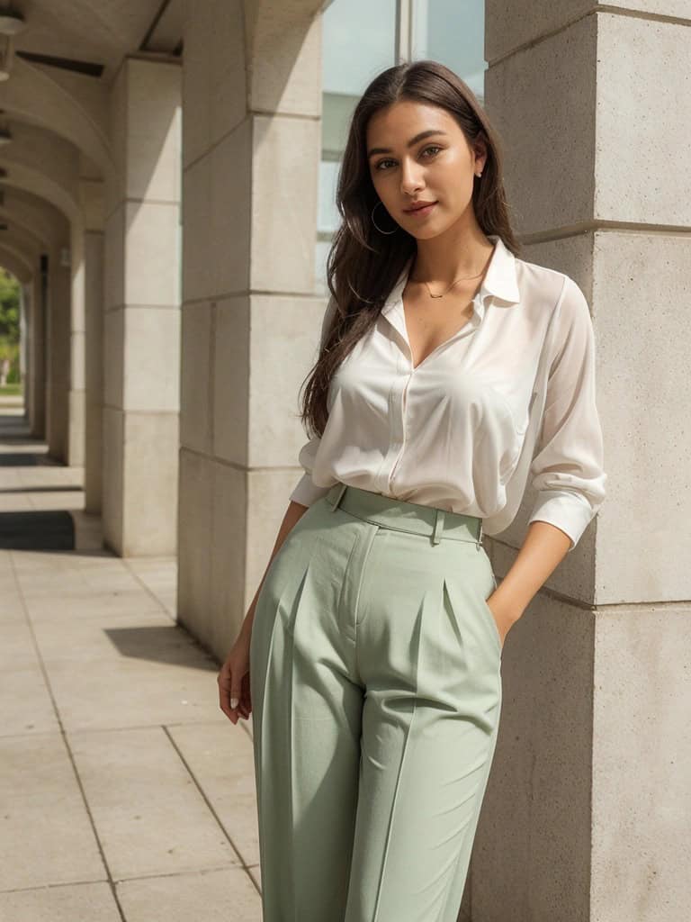 Ragazza con blusa bianca e pantaloni verde salvia, look elegante per esame orale di maturità


