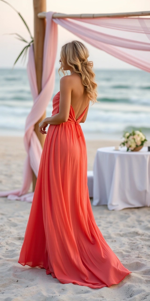 Outfit matrimonio in spiaggia donna con abito lungo color corallo dallo scollo profondo e schiena scoperta, perfetto esempio di come vestirsi per un matrimonio in spiaggia donna con eleganza e stile.
