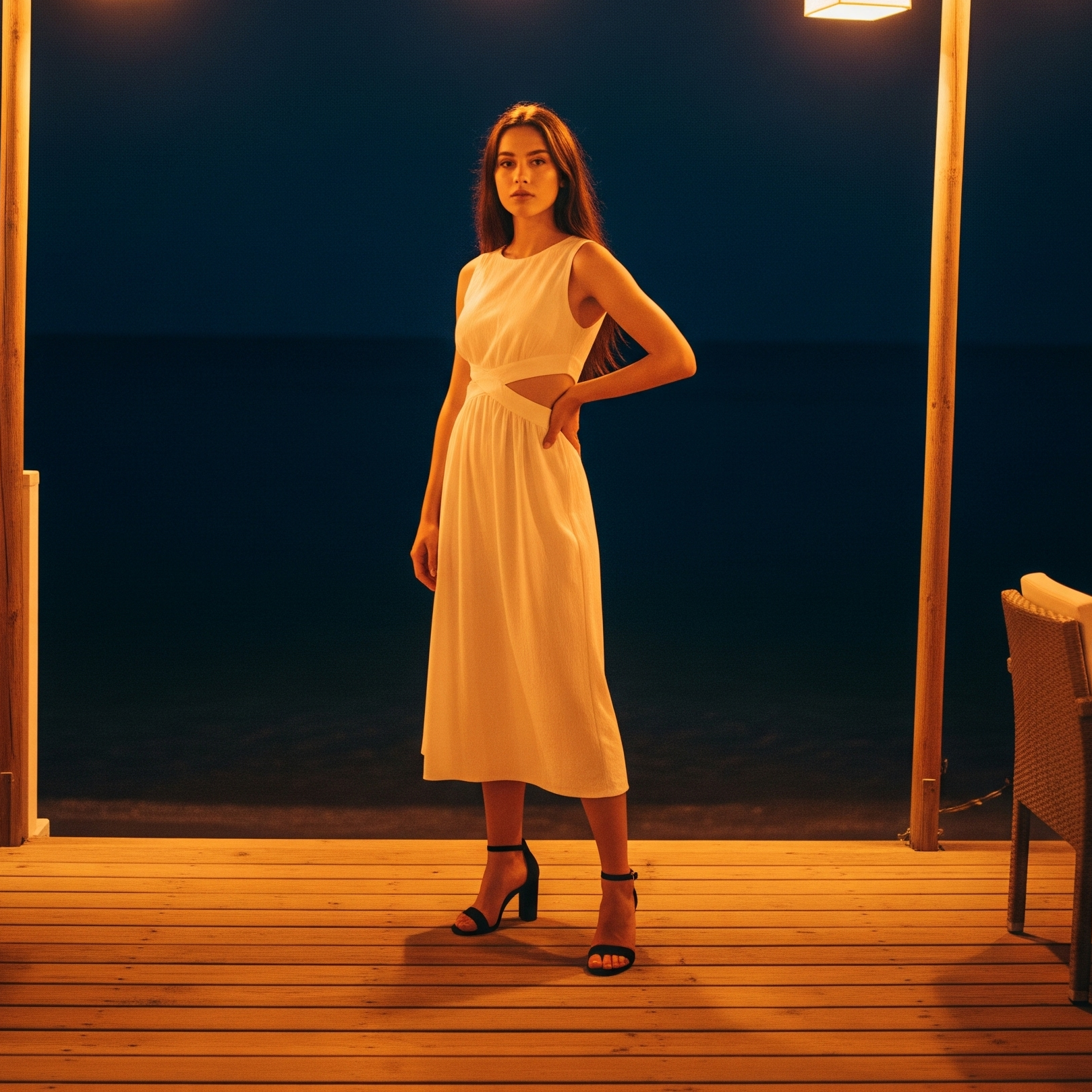 Donna in posa sulla terrazza di un ristorante sul mare di notte, che indossa un abito midi bianco senza maniche con tagli cut-out.

