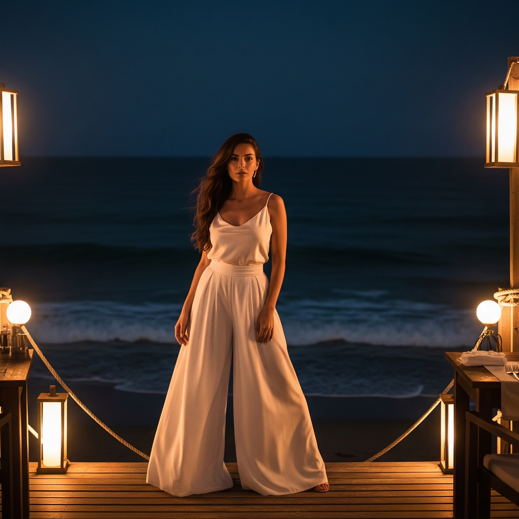 Donna con pantaloni palazzo bianchi e top in seta in posa sulla pedana di un ristorante sulla spiaggia di notte.

