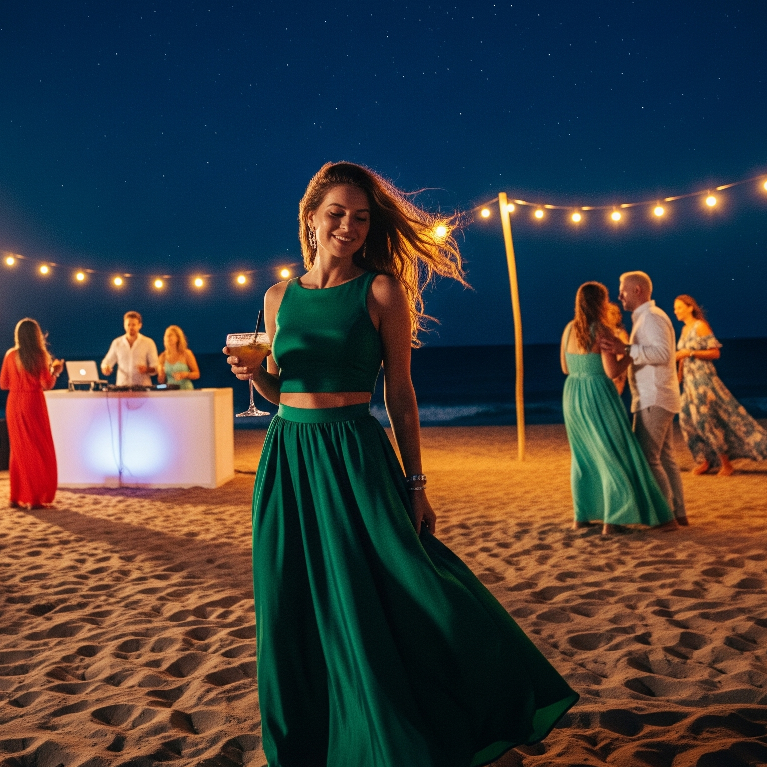 Donna con un completo elegante gonna lunga e top verde smeraldo, mentre si gode una festa in spiaggia di notte.

