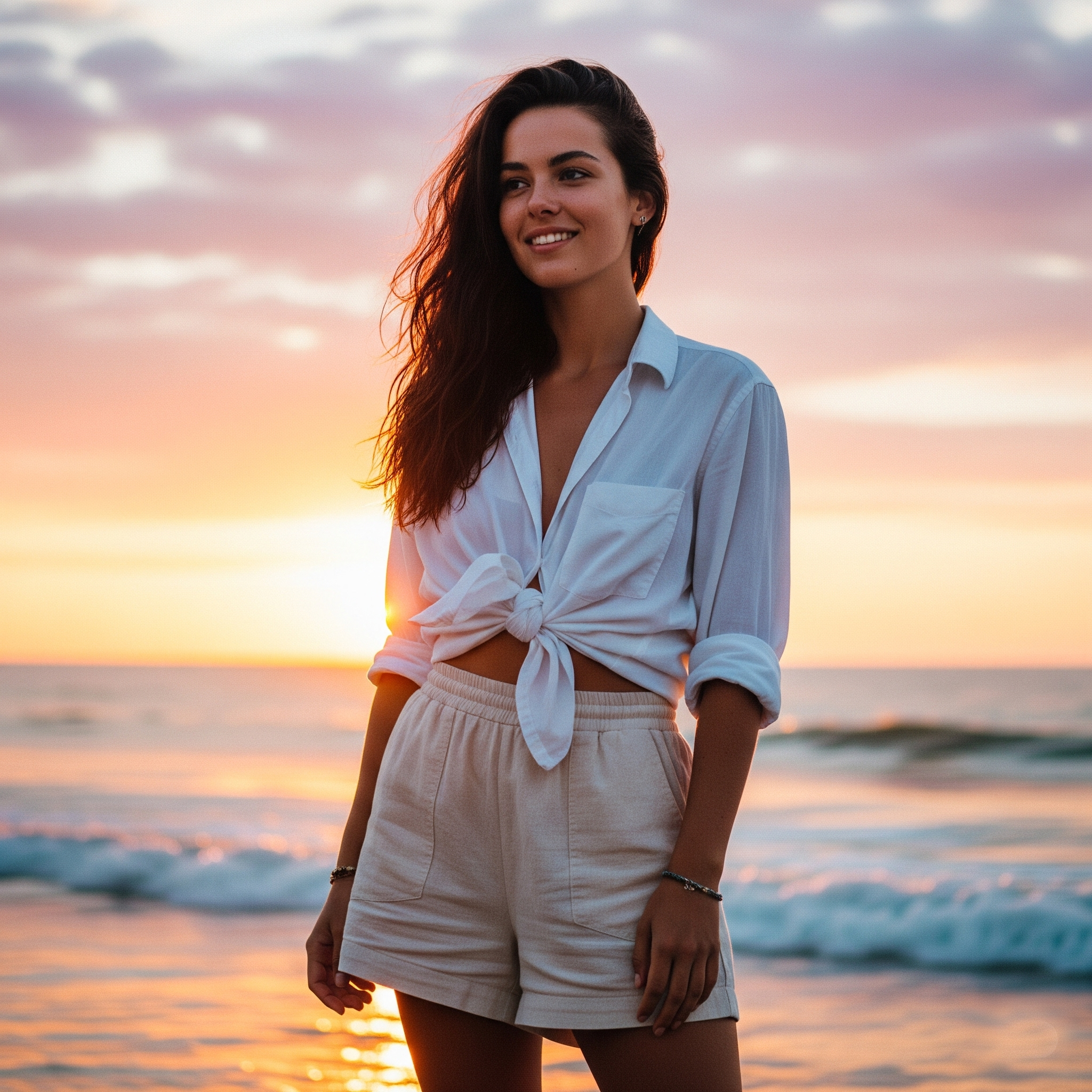 Donna sorridente con shorts di lino beige e una camicia bianca annodata in vita, in posa sulla spiaggia con un cielo colorato al tramonto alle sue spalle.

