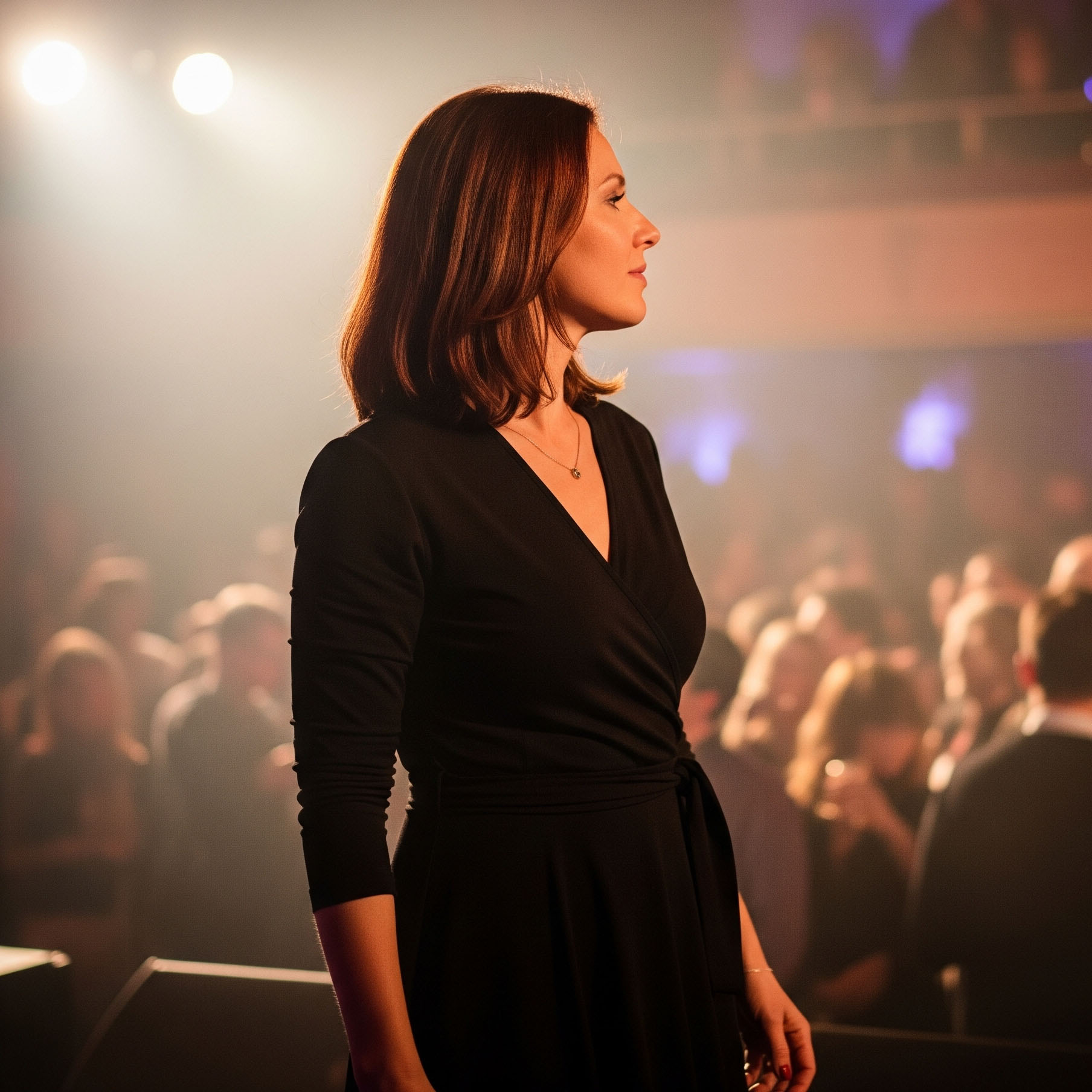 Donna con i capelli castani indossa un abito a portafoglio nero di lunghezza midi, un look elegante per un concerto jazz in un locale affollato.