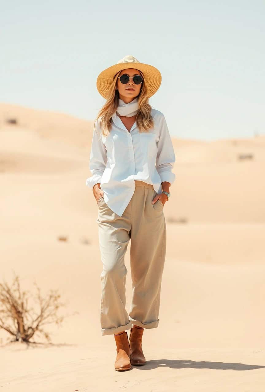 Donna nel deserto con camicia bianca, pantaloni in lino beige e cappello di paglia largo – look pratico e chic per il deserto di Marrakech a giugno