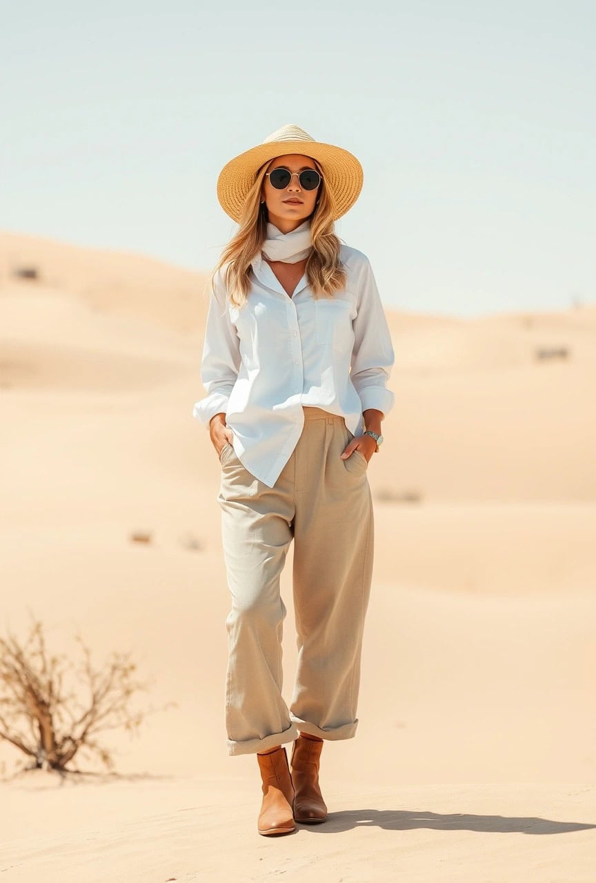 Donna nel deserto di Marrakech con outfit estivo: camicia bianca in lino, pantaloni beige larghi, cappello a tesa larga, foulard chiaro e stivaletti marroni.


