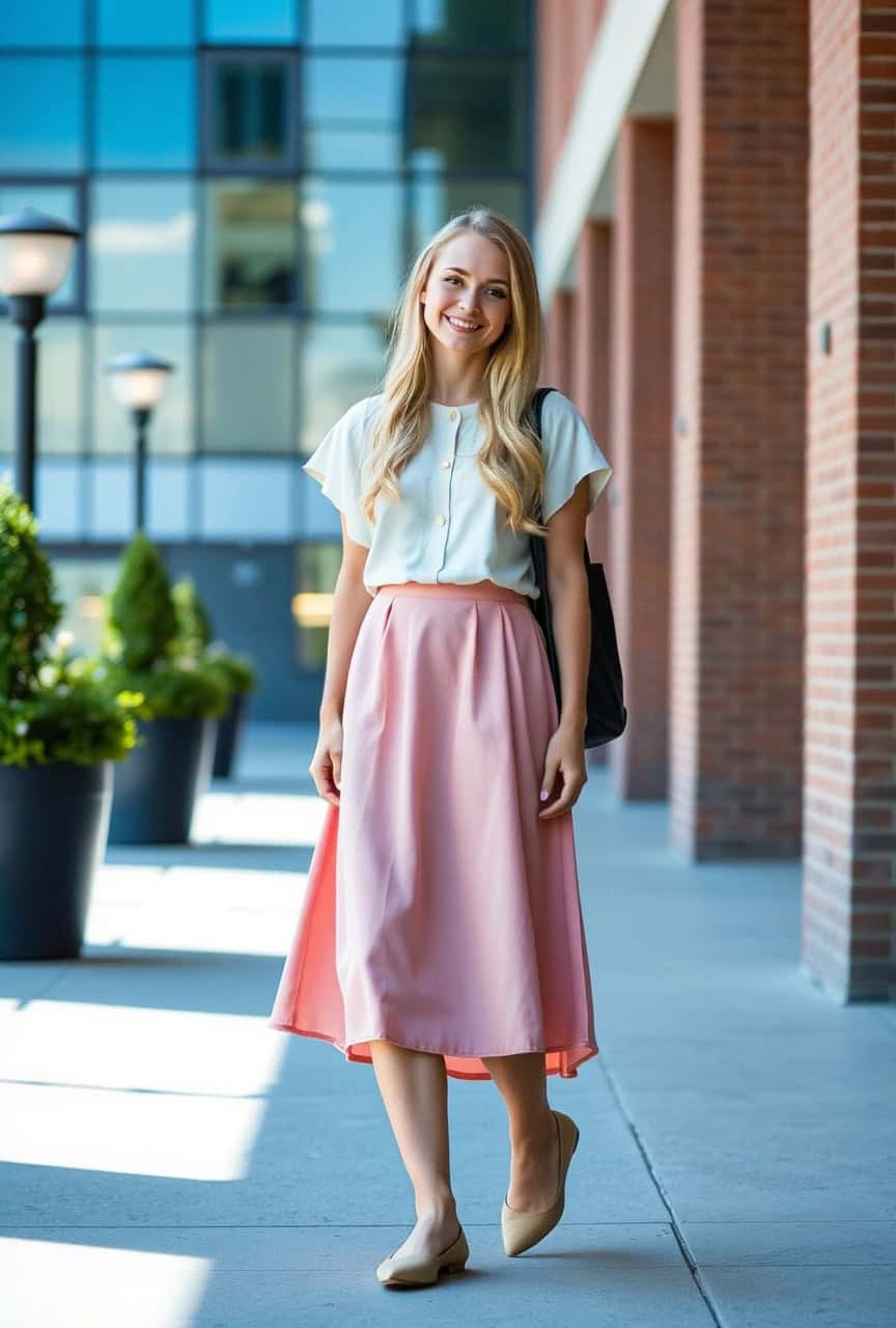 Ragazza con blusa avorio e gonna midi rosa, outfit sobrio e chic per maturità


