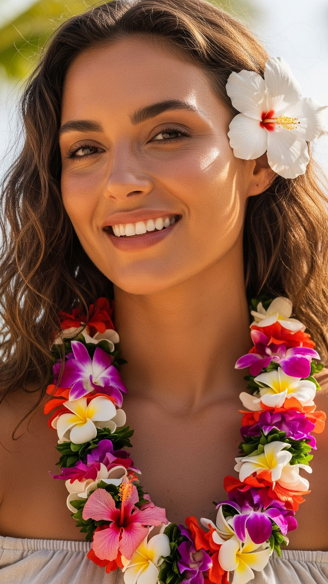 Donna sorridente con un look hawaiano indossa una colorata collana di fiori freschi (lei) come accessorio principale su una spiaggia tropicale.

