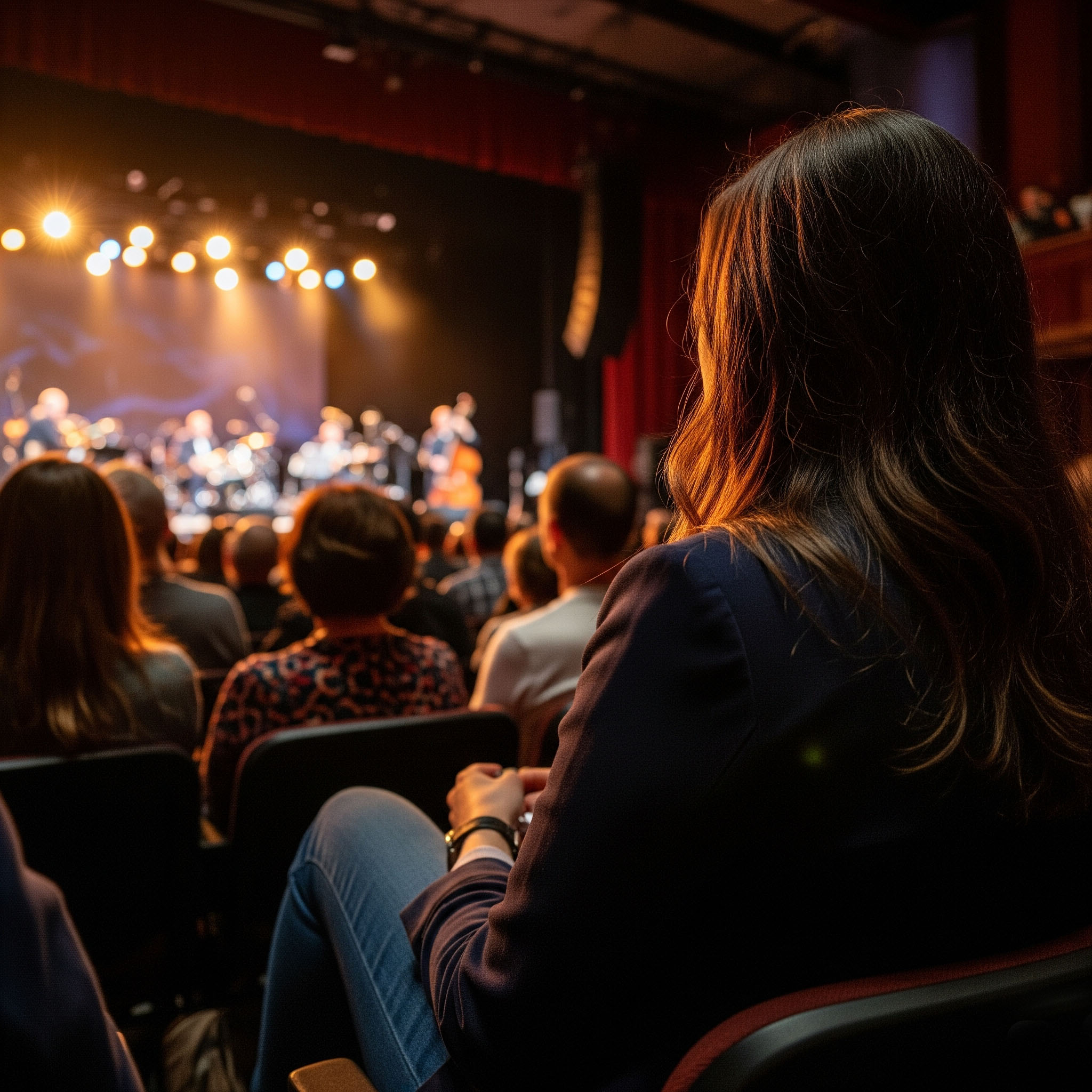 Donna con jeans e blazer blu a un concerto jazz, vista di schiena, guarda il palco illuminato.