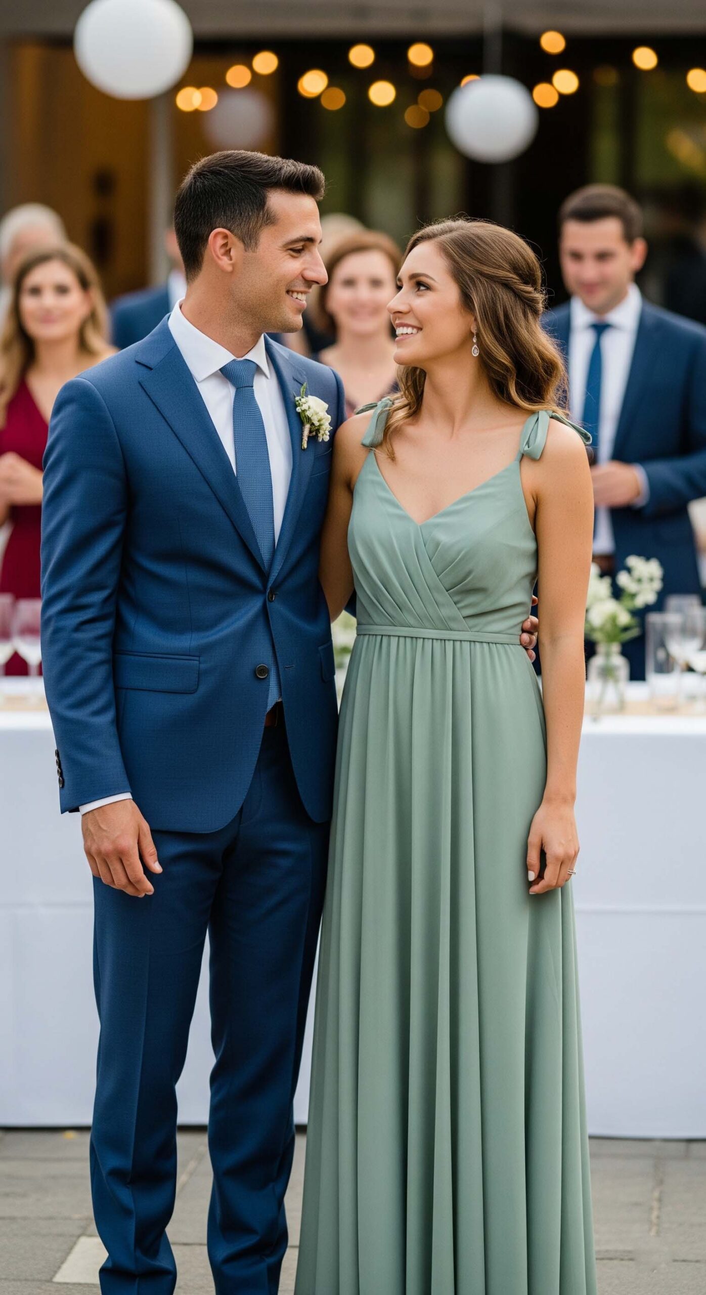 Coppia di invitati mostra come vestirsi a un matrimonio a settembre: lui in abito blu e lei con un vestito lungo verde salvia.

