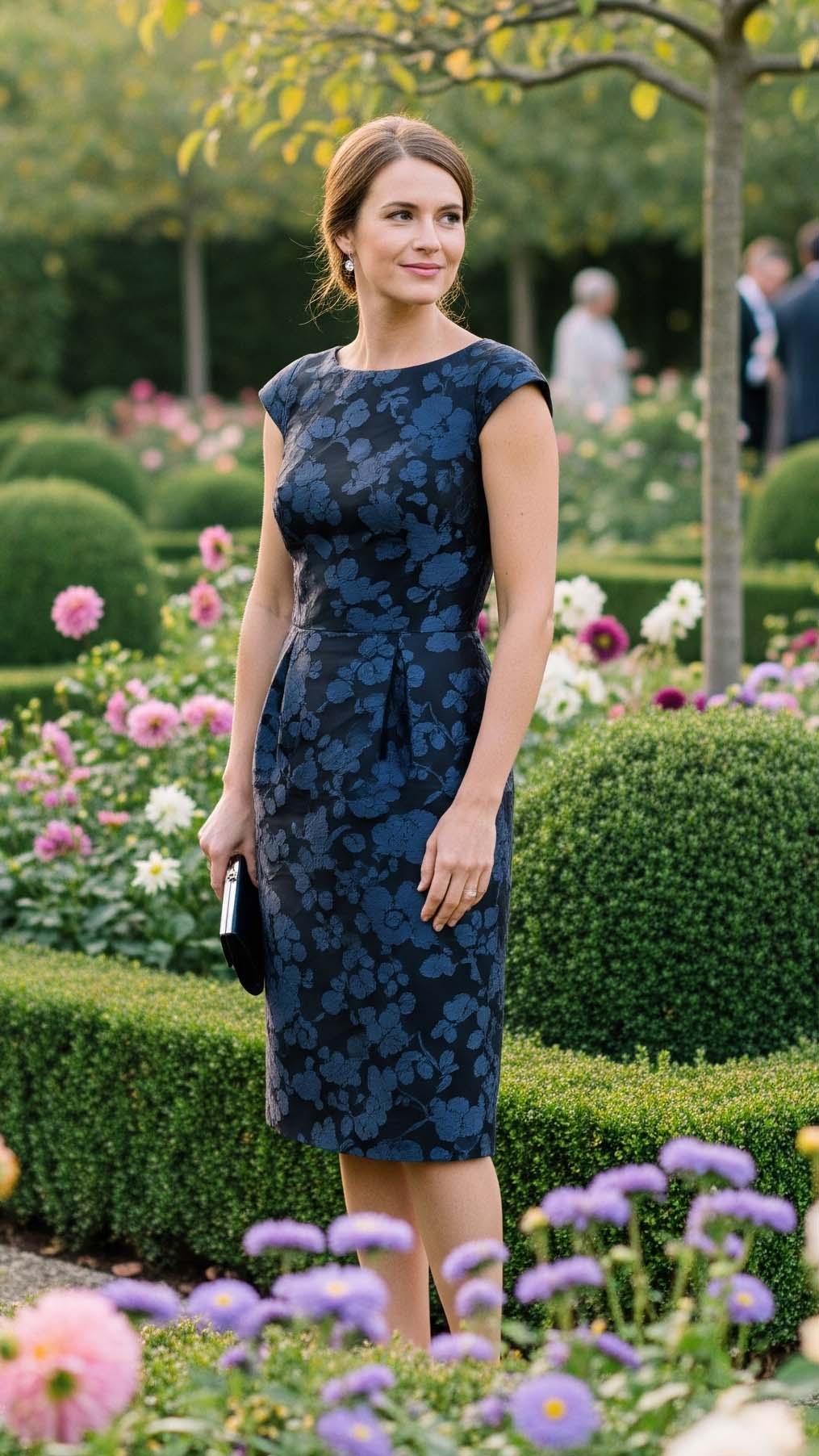 Donna con un elegante abito al ginocchio a fantasia floreale su base scura, un look perfetto per un'invitata a un matrimonio a settembre.

