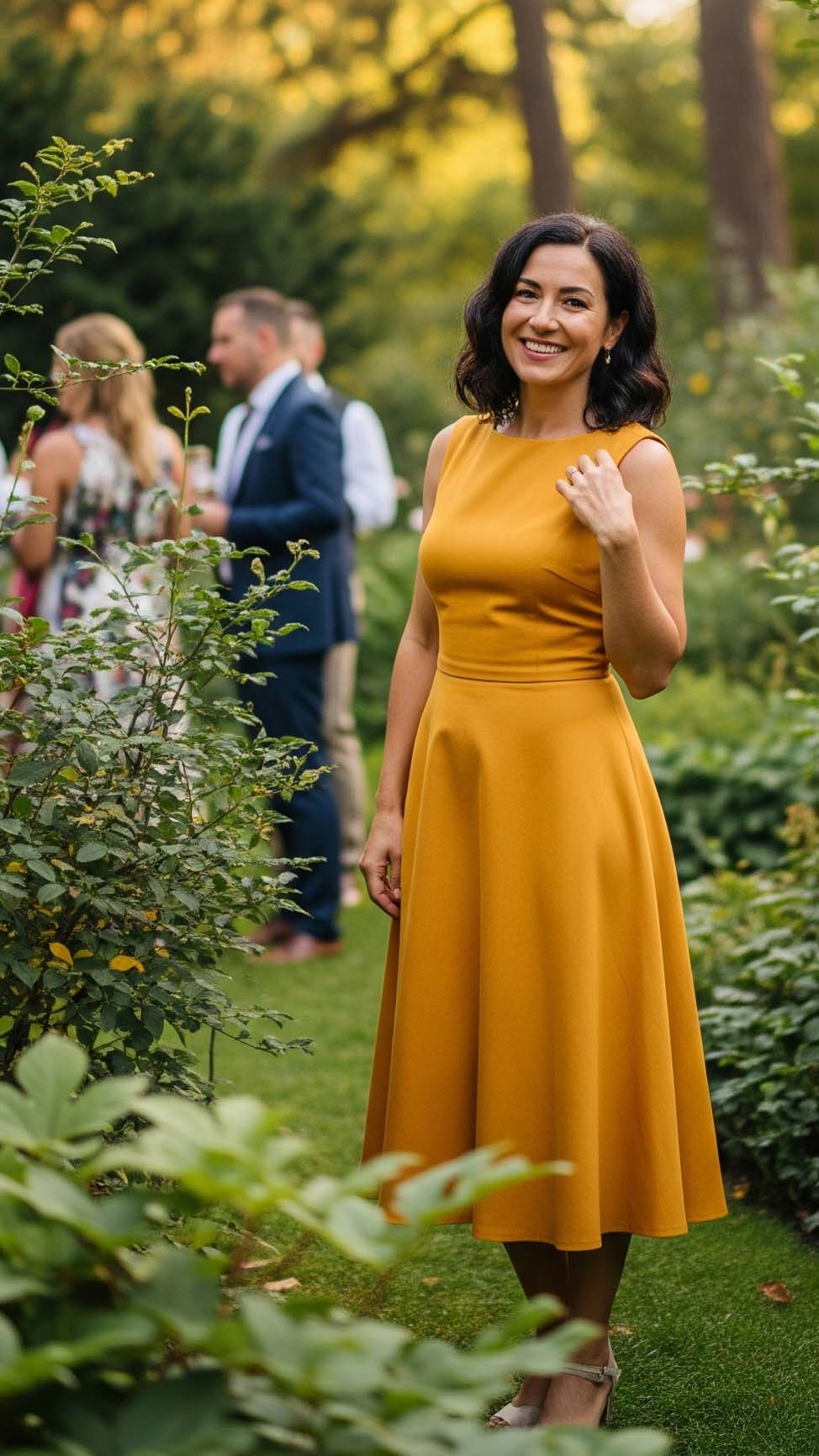 Donna sorridente con un abito al ginocchio color giallo ocra, un look solare per un'invitata a un matrimonio a settembre.

