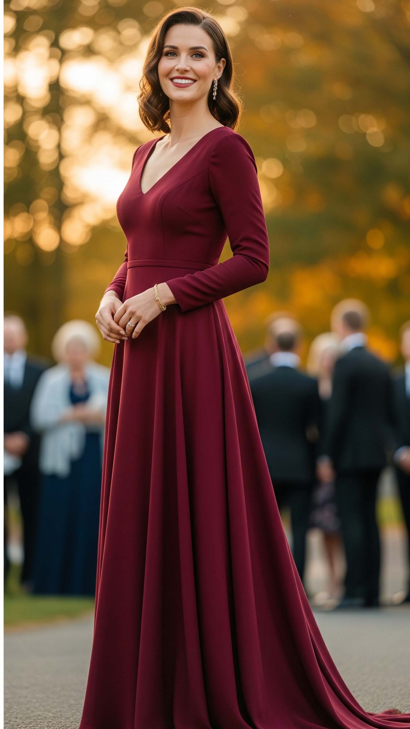 Donna elegante con un abito lungo bordeaux a maniche lunghe, un look perfetto per un'invitata a un matrimonio a settembre.

