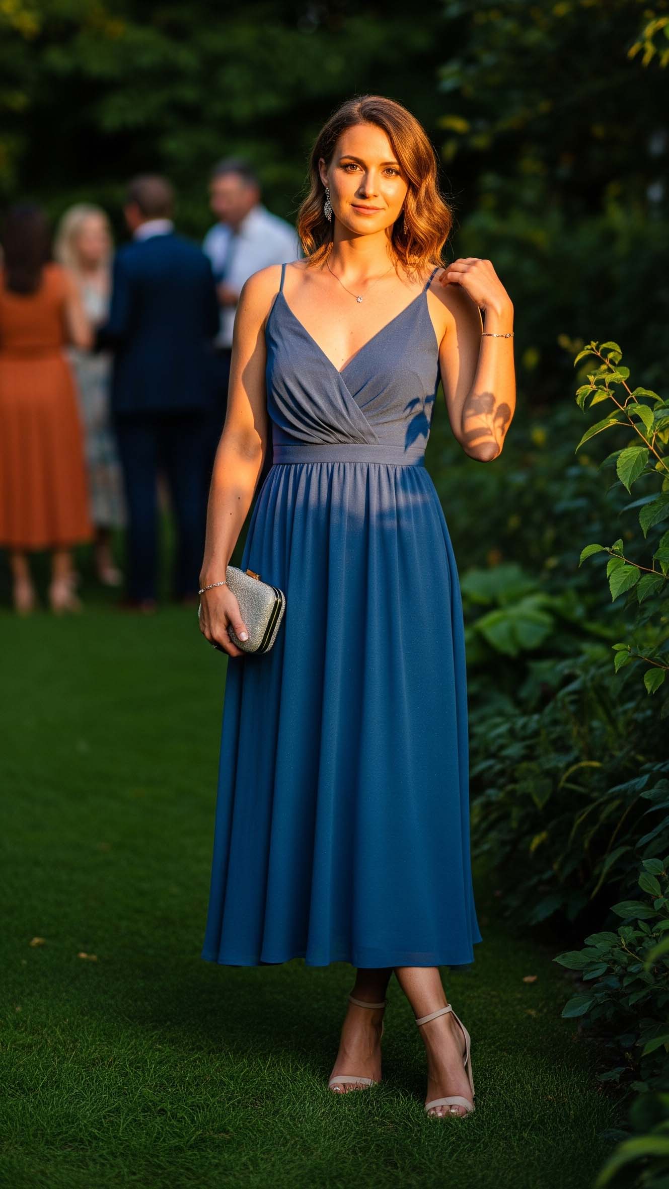 Donna elegante con un abito midi blu petrolio in un giardino, un look perfetto per un'invitata a un matrimonio a settembre.

