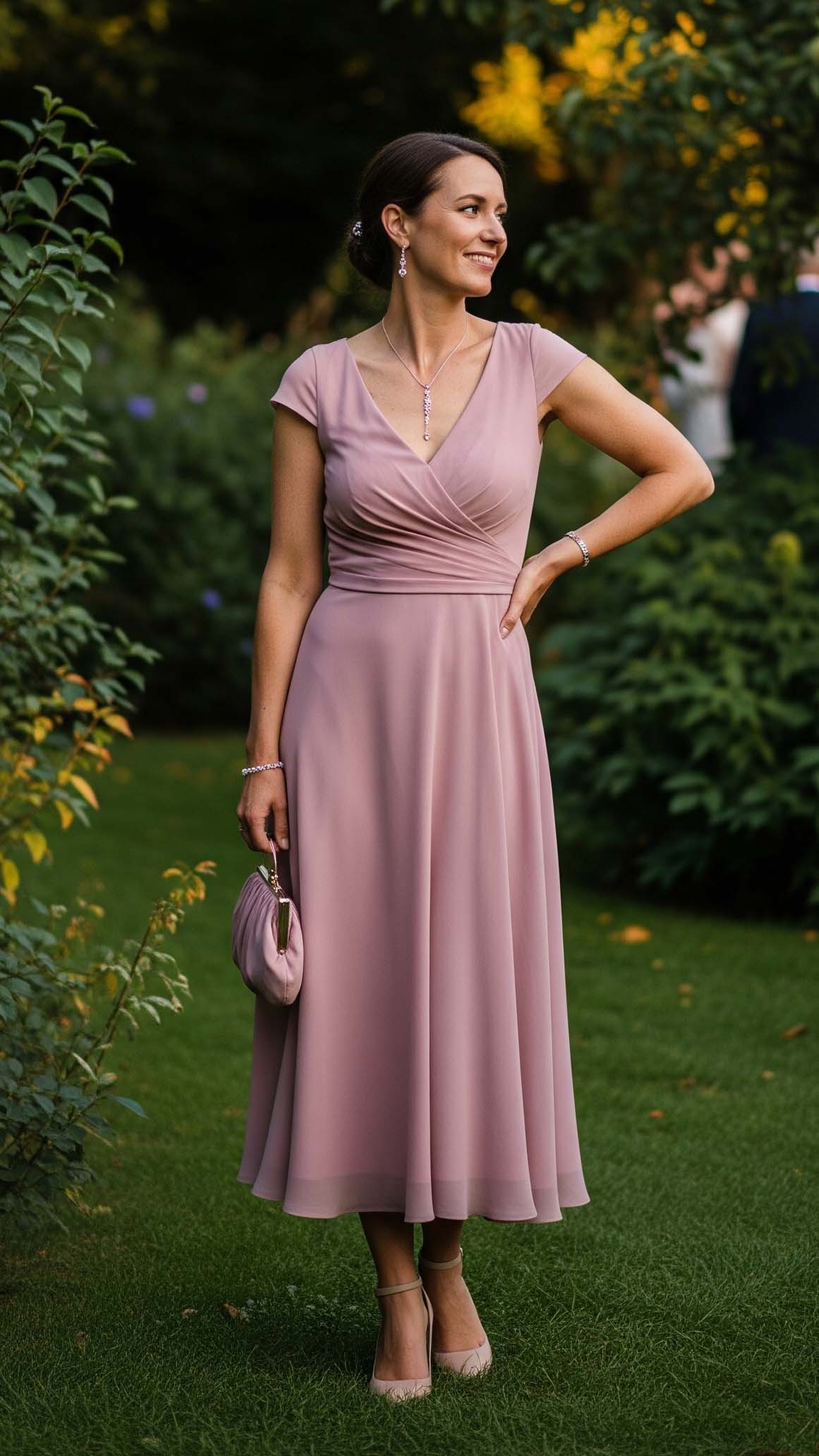 Donna elegante con un abito al ginocchio color rosa antico, un look romantico per un'invitata a un matrimonio a settembre.

