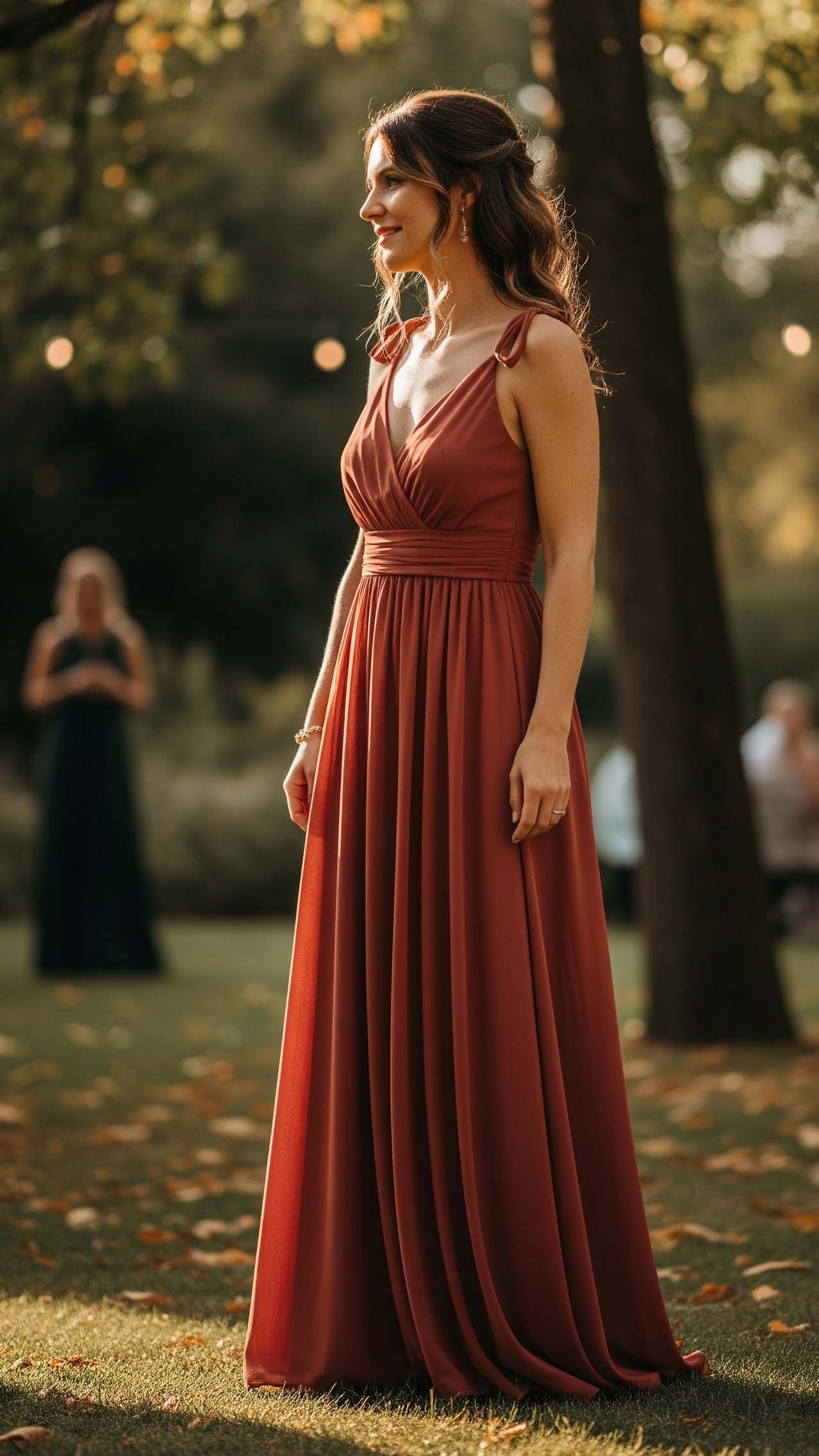 Donna elegante con un abito lungo color terracotta in un giardino, un look perfetto per un'invitata a un matrimonio a settembre.

