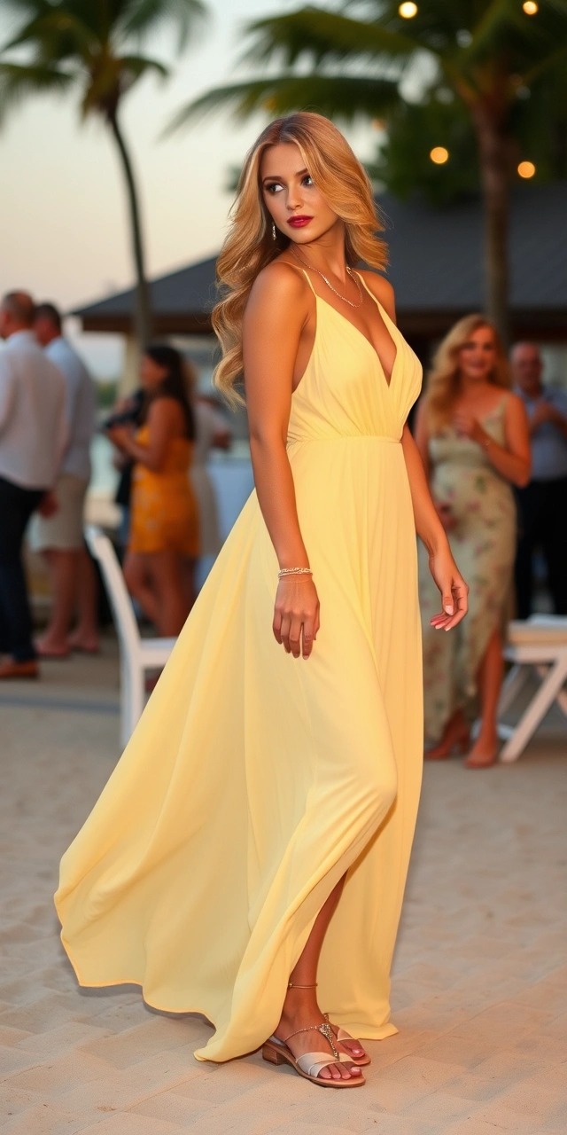 Outfit matrimonio in spiaggia donna con abito giallo pastello e sandali gioiello, un esempio chic e femminile di come vestirsi per un matrimonio in spiaggia donna al tramonto.

