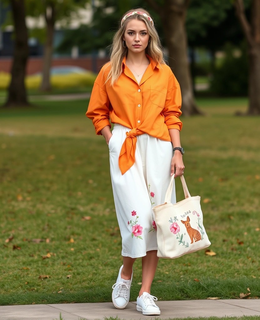 Donna con camicia oversize color mandarino annodata in vita, gonna midi bianca con ricami floreali, sneakers bianche e borsa in tela stampata, perfetto outfit casual da giorno per giugno all'aperto.
