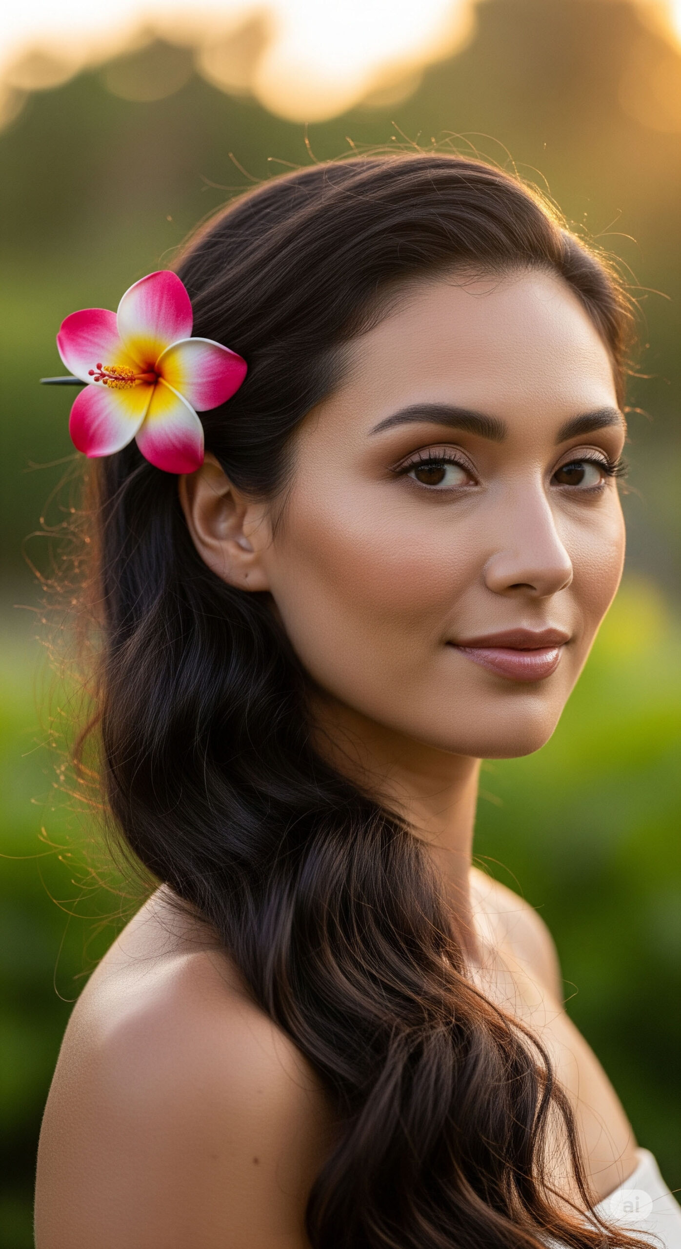 Dettaglio di un accessorio per outfit hawaiano: donna con un fermaglio a fiore rosa e giallo tra i capelli scuri.