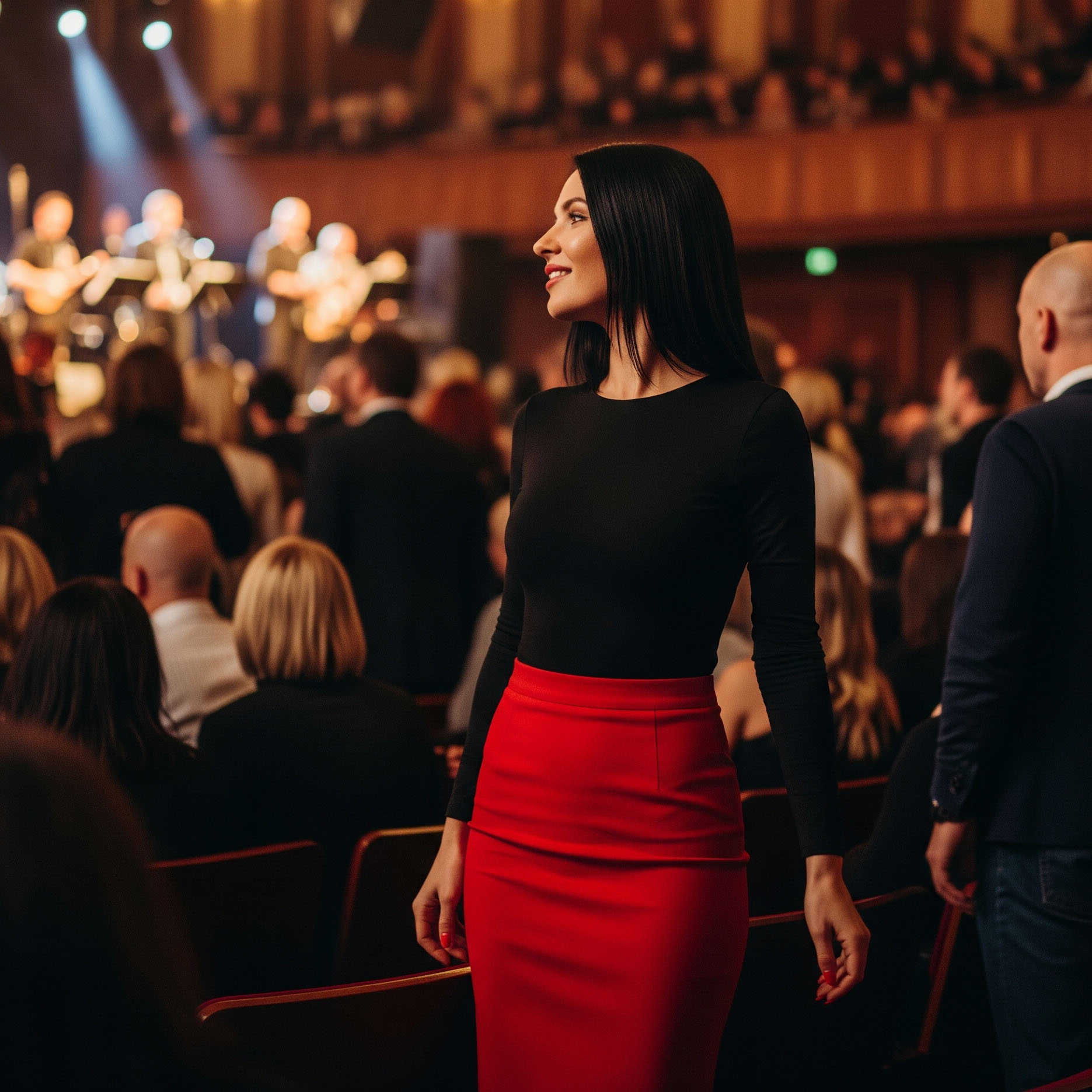 Donna con capelli neri lisci indossa un look elegante da concerto: una gonna a matita rossa e un body nero a maniche lunghe, in un teatro affollato.