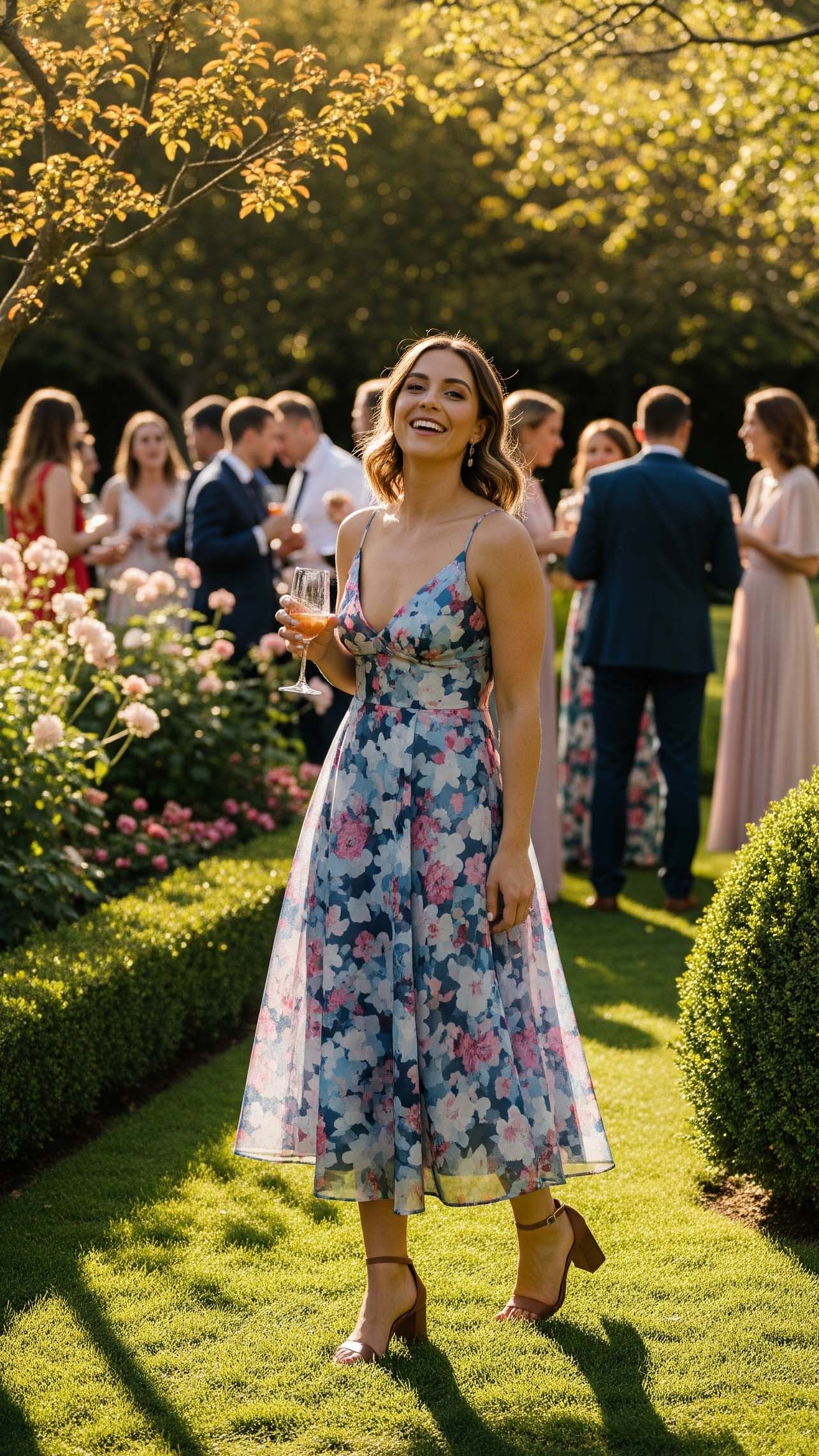 Donna sorridente in un giardino durante un ricevimento di matrimonio a settembre, indossa un abito midi da cocktail e sandali con tacco largo.

