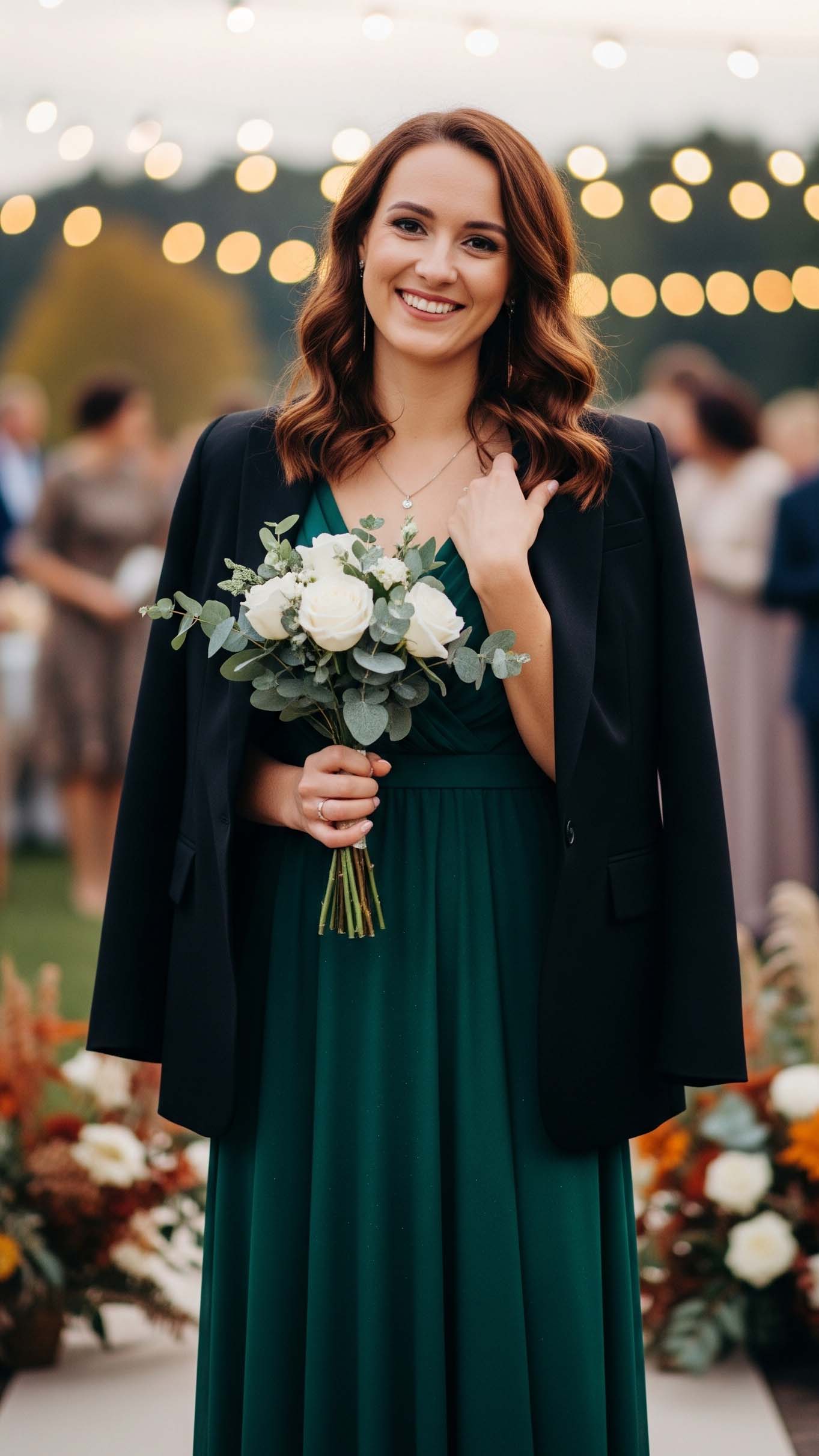 Invitata a un matrimonio di sera a settembre che indossa un blazer elegante sopra un abito lungo per un look moderno e versatile.

