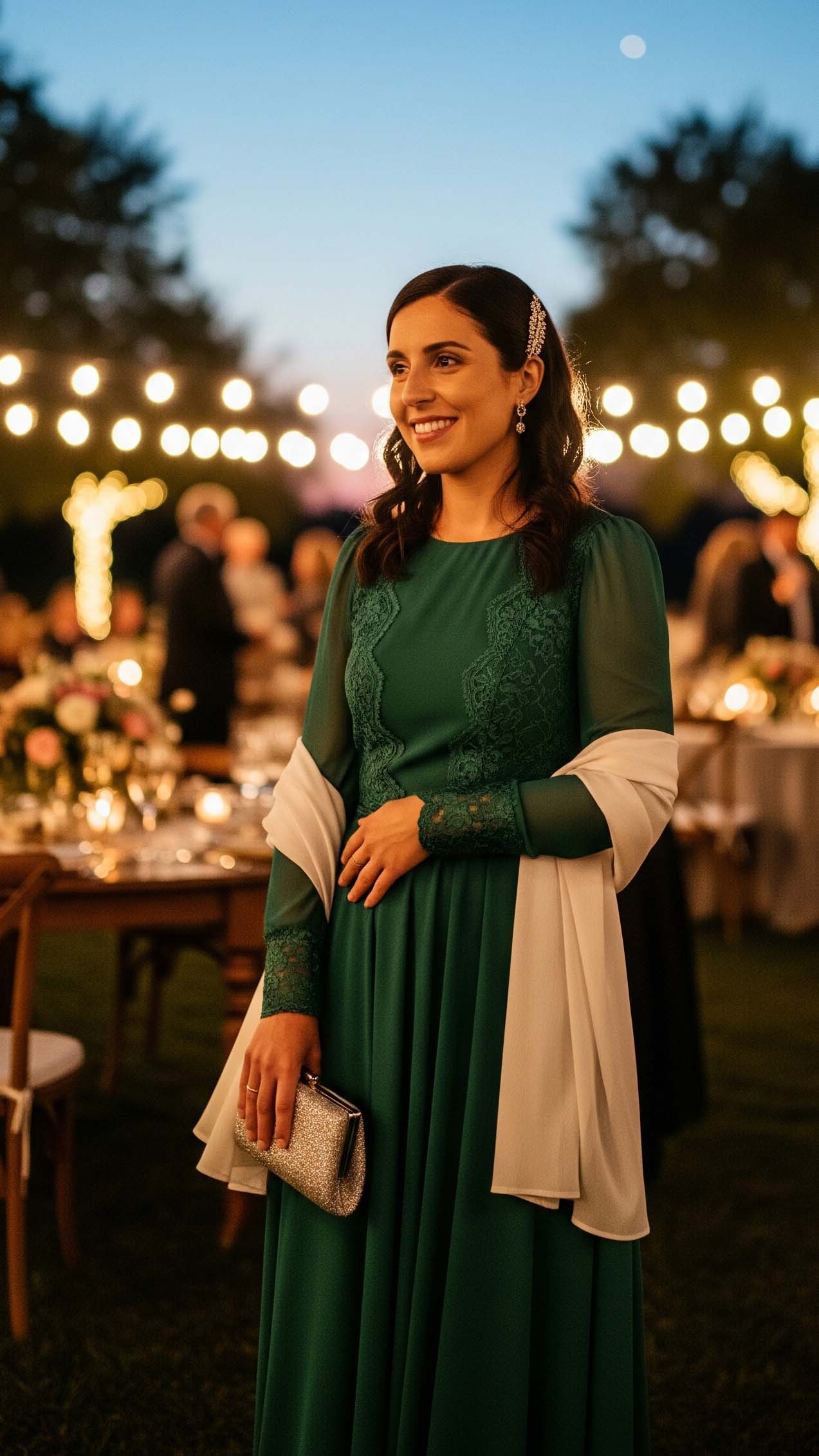 Donna invitata a un matrimonio di sera a settembre, indossa un abito lungo verde con una stola elegante sulle spalle per proteggersi dal fresco.

