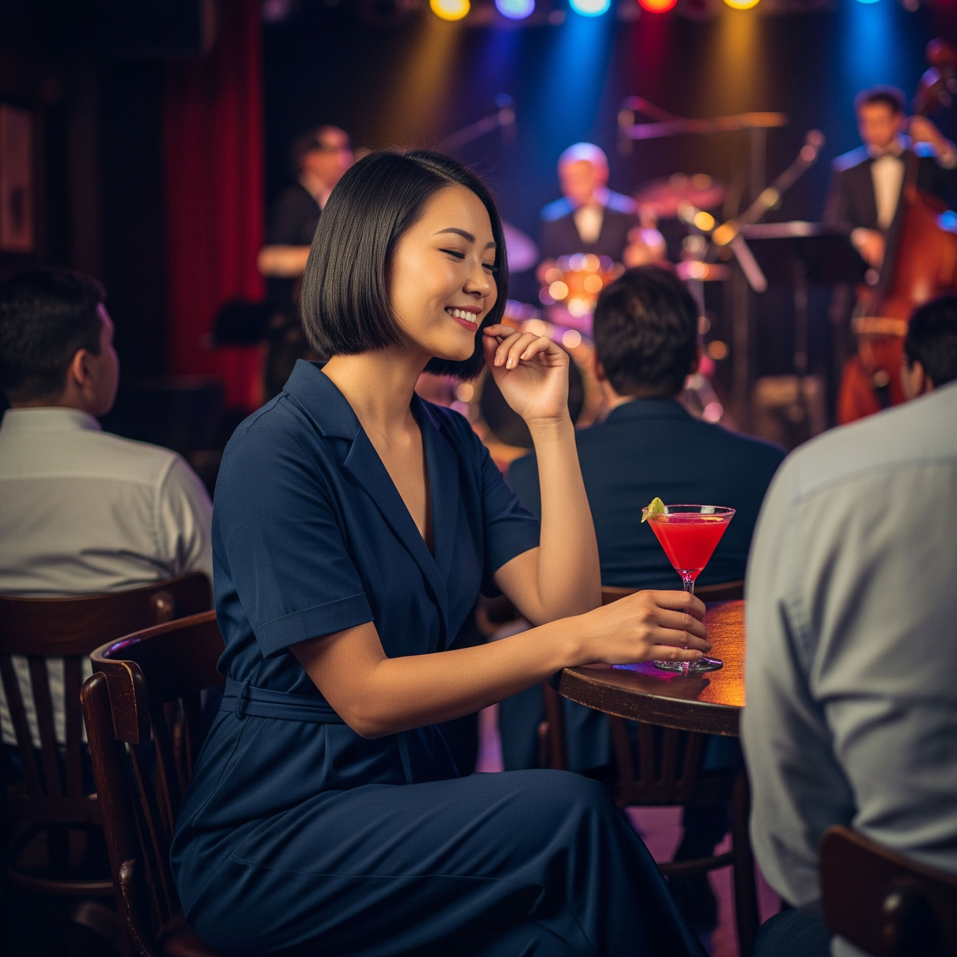 Donna sorridente con caschetto nero indossa una jumpsuit blu navy, un outfit moderno per un concerto jazz, seduta a un tavolino con un cocktail.