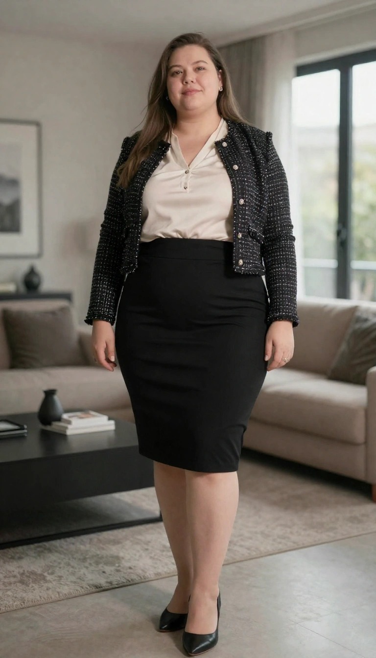 Outfit curvy raffinato con gonna a tubino nera a vita alta, blusa in seta panna e giacca in tweed stile Chanel bianca e nera.