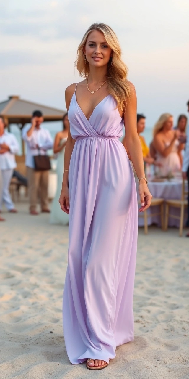Look delicato e raffinato per questo outfit matrimonio in spiaggia donna con abito lilla scivolato, perfetto per chi vuole sapere come vestirsi per un matrimonio in spiaggia donna con grazia e semplicità.

