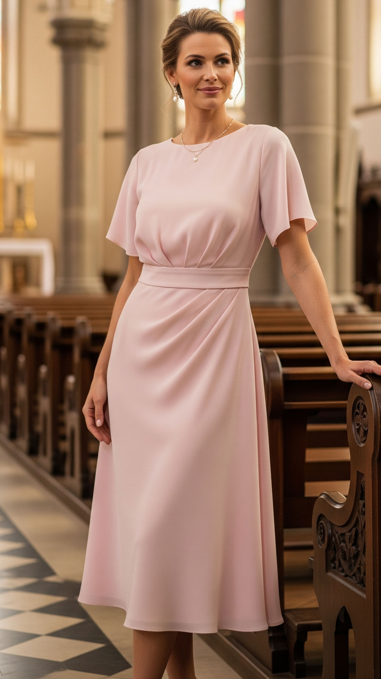 Donna elegante come madrina di battesimo, con abito midi color cipria, look chic e sobrio durante la cerimonia in chiesa.