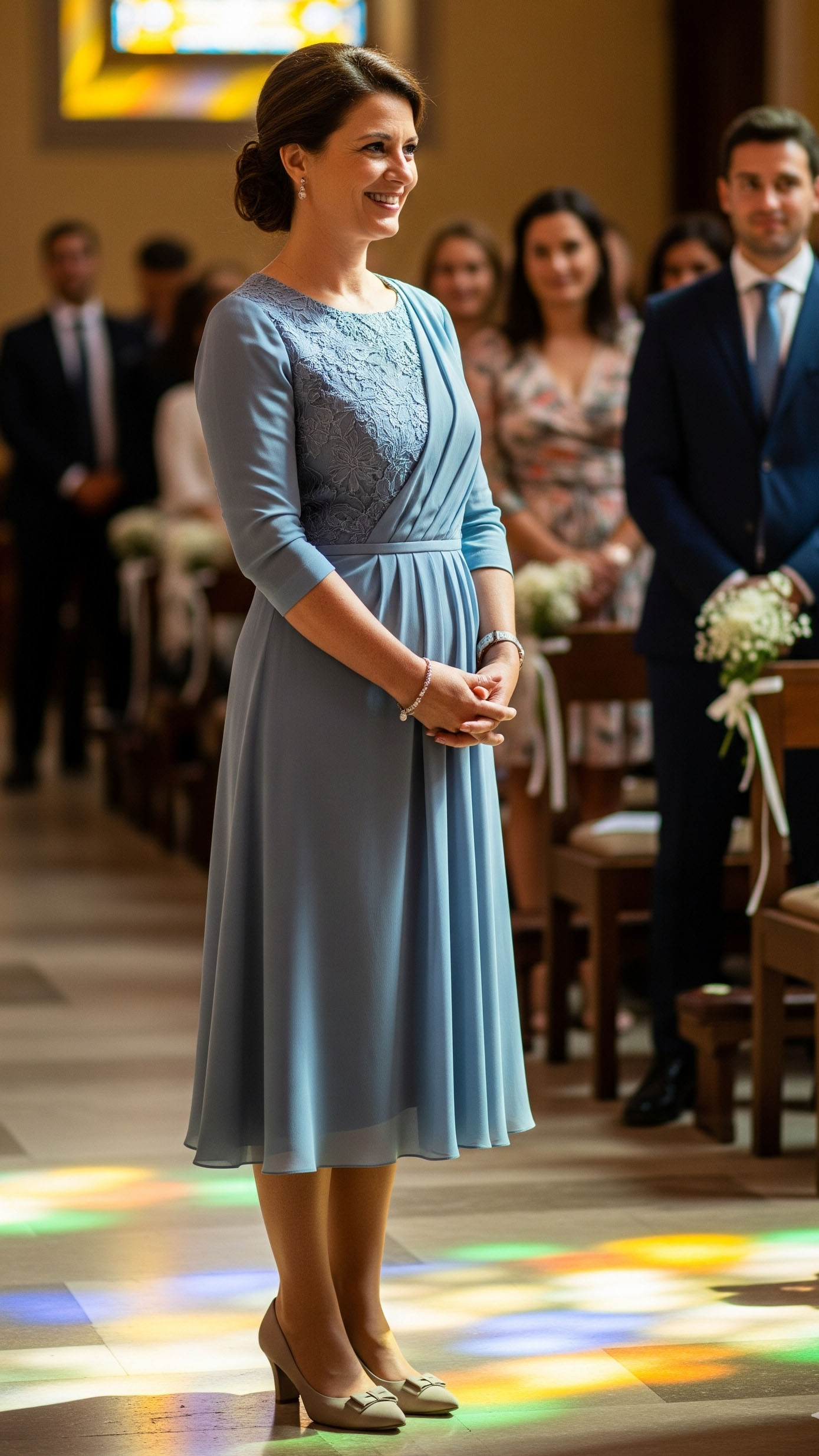 Invitata a un battesimo con abito midi color carta da zucchero, elegante e raffinato, perfetto per settembre