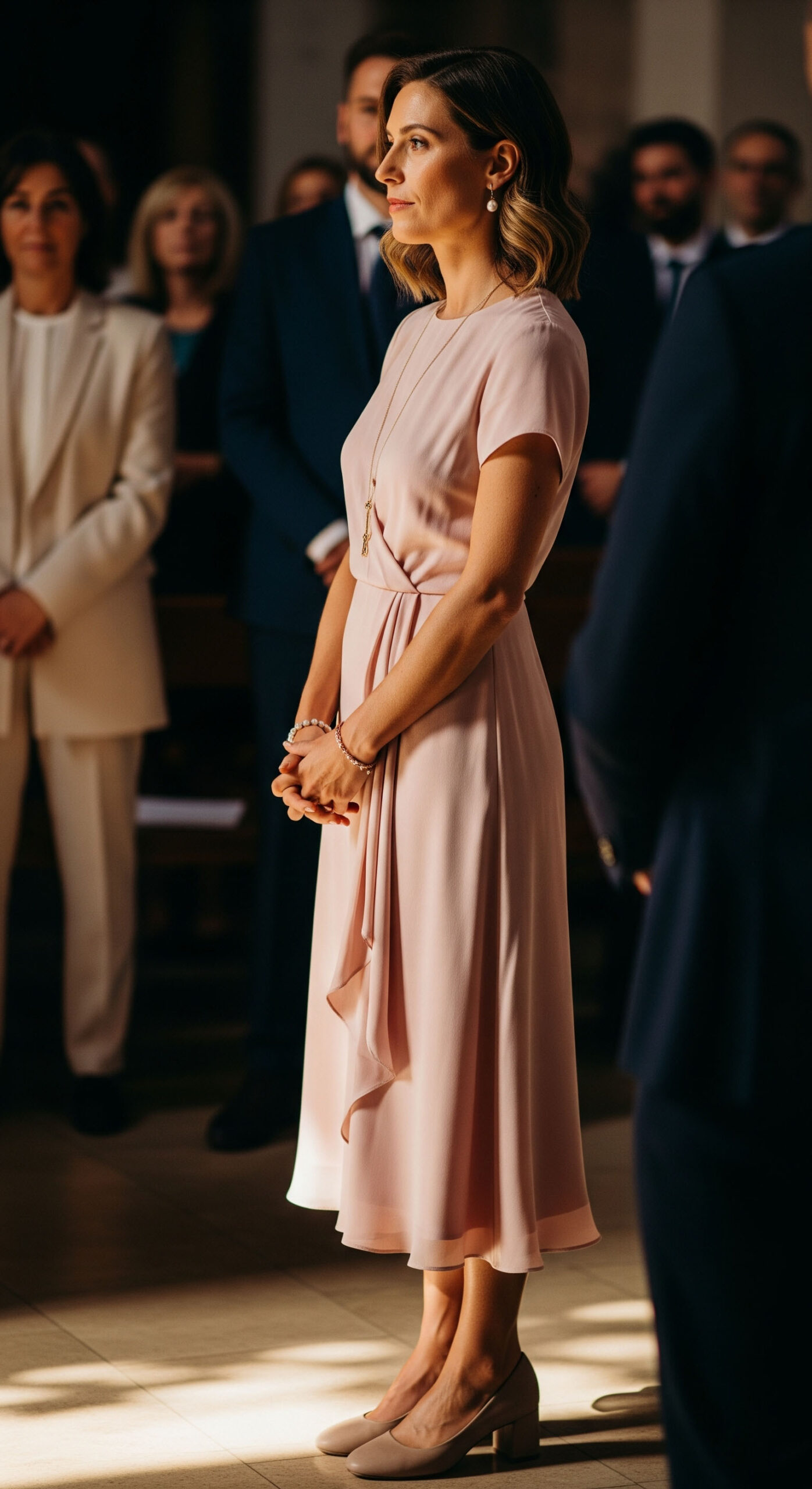 Donna con abito midi rosa antico a un battesimo di settembre, look chic e femminile per cerimonia e festa.