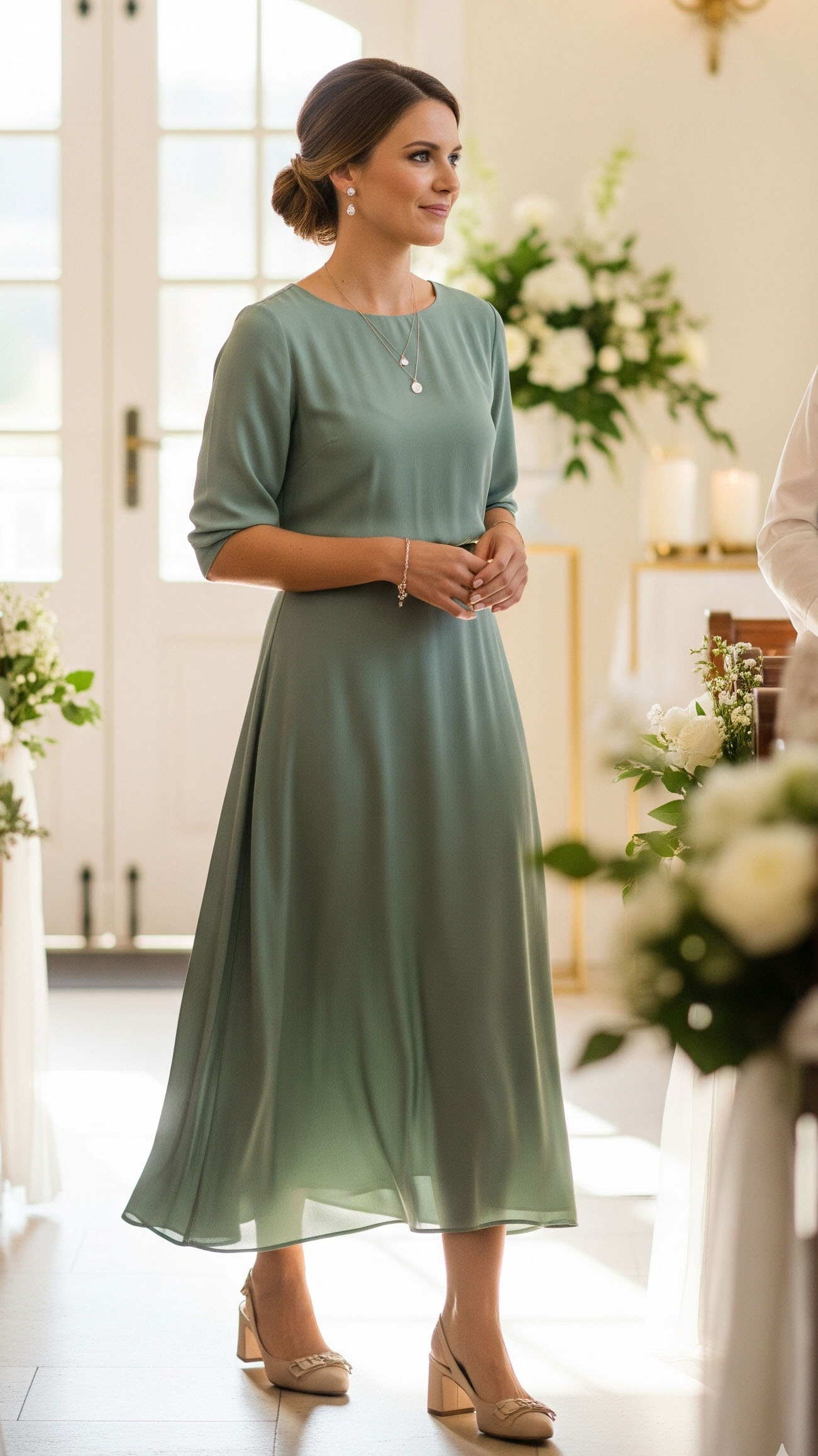 Donna elegante a un battesimo di settembre con abito midi verde salvia in tessuto fluido, look raffinato e comodo