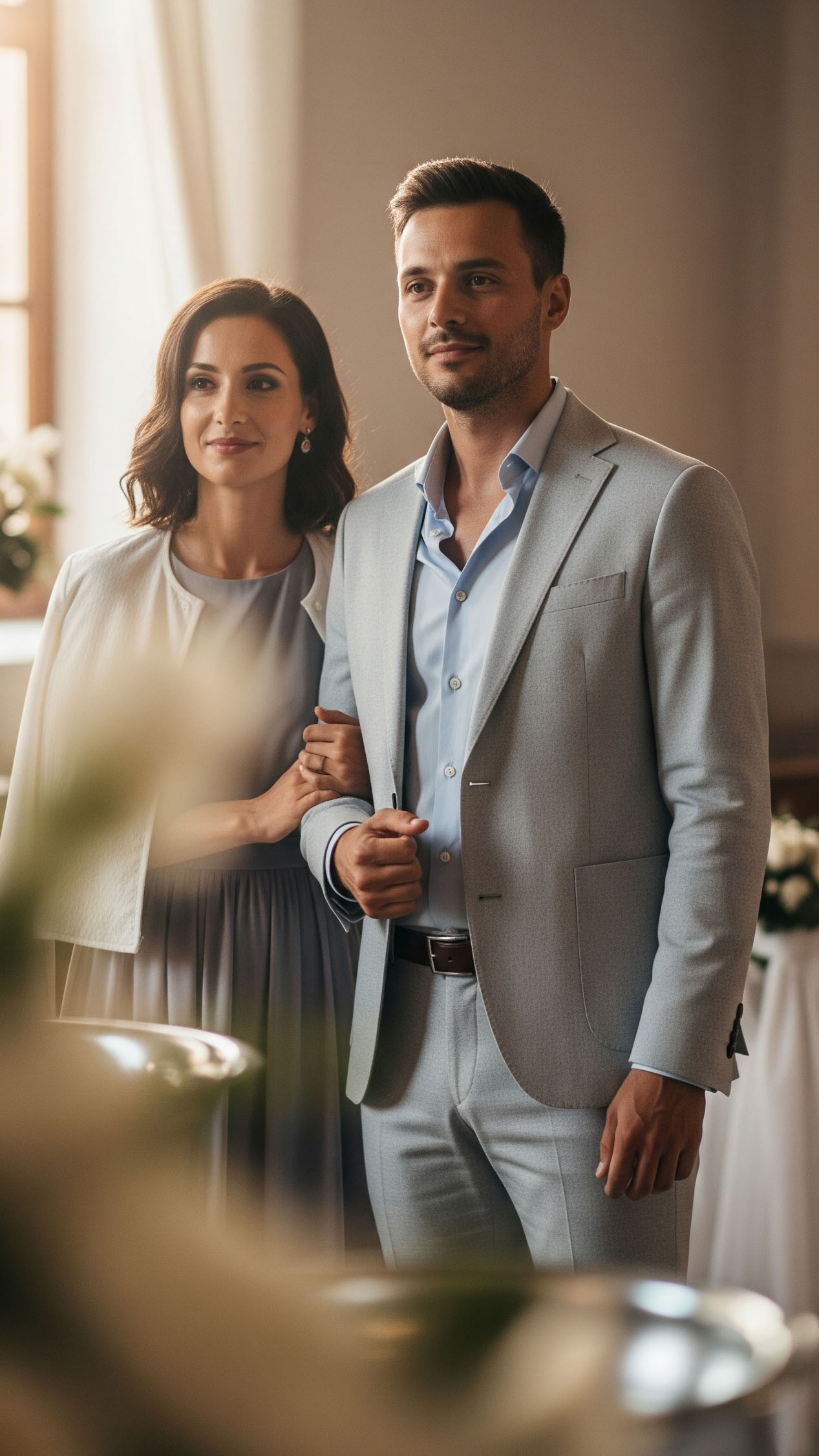 Coppia elegante a un battesimo di settembre: donna con abito midi e giacca leggera, uomo con completo chiaro senza cravatta, look raffinato e confortevole