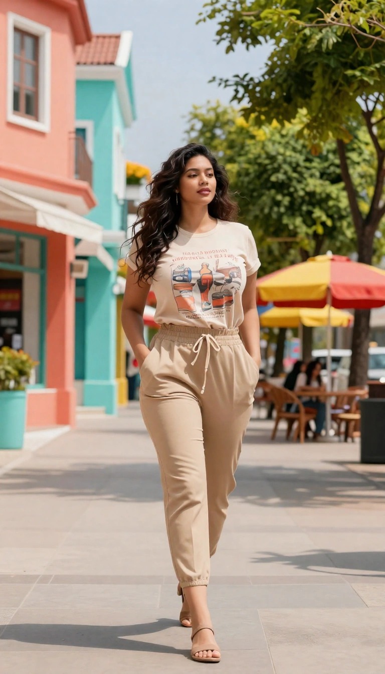 Donna che cammina in città con pantaloni jogger beige e t-shirt stampata color crema abbinati a sandali nude in un look casual estivo