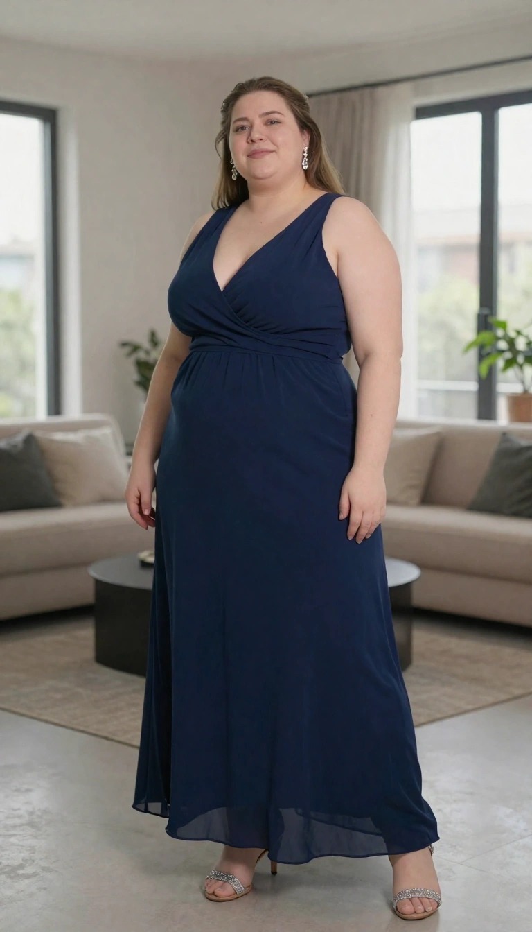 Invitata curvy con abito elegante stile impero blu notte in chiffon e sandali gioiello argento, perfetto per valorizzare il décolleté.