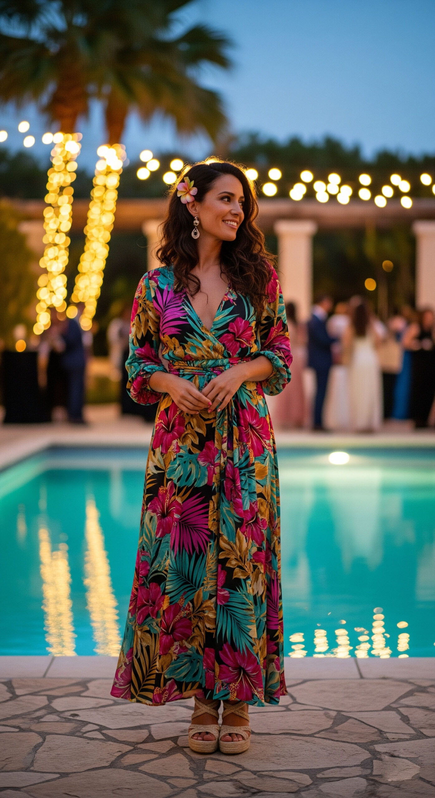 Donna indossa un outfit hawaiano completo per una festa serale in piscina: vestito lungo tropicale, zeppe e un fiore tra i capelli.

