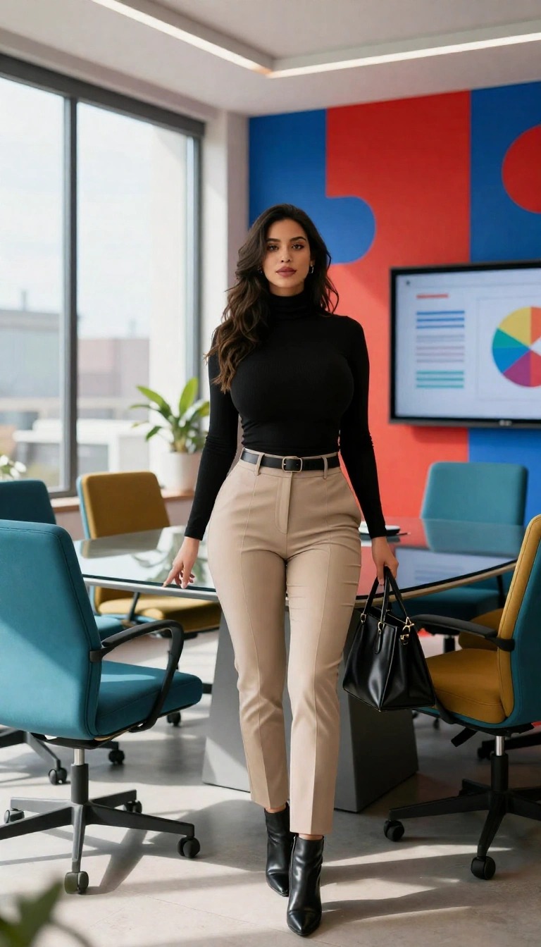 Donna in ufficio con pantaloni beige a sigaretta, dolcevita nero aderente, stivaletti e borsa nera in un look professionale elegante